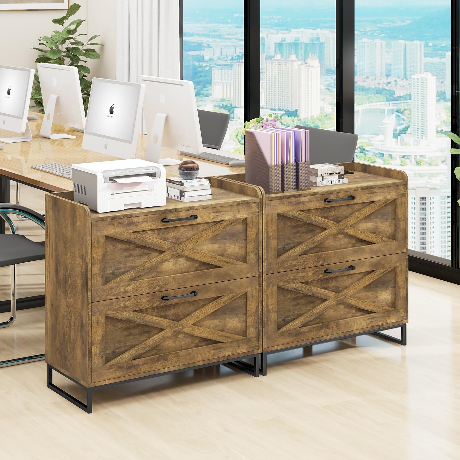 2-Drawer Lateral File Cabinet with Charging Station - Letter/Legal/A4 Size Hanging File Storage - Wooden Office Cabinet with Printer Stand for Home & Workspace - Brown - Perfect for Organizing Documents, Charging Devices & Saving Space in Home Offices