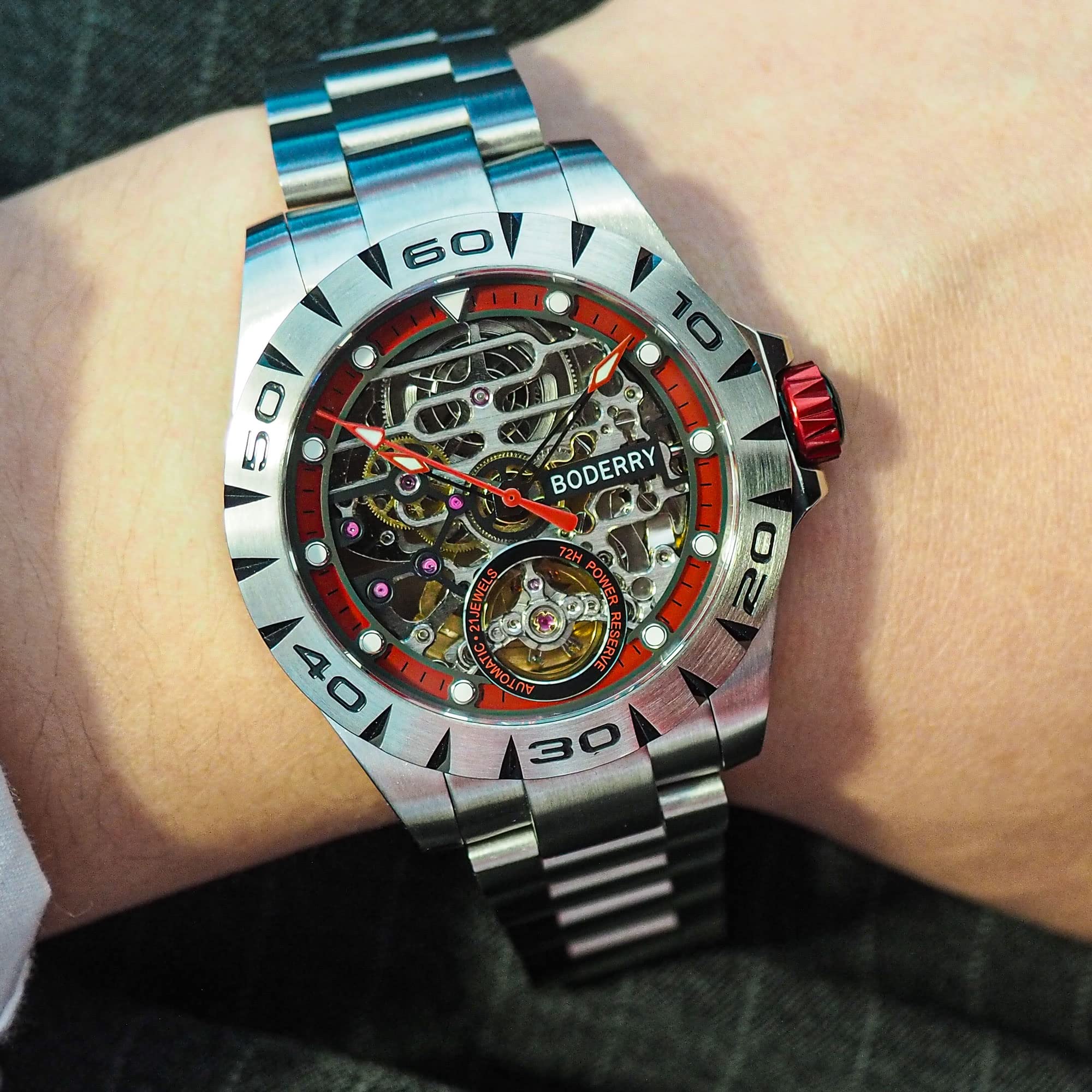 BODERRY Men's Skeleton Watch - 72H Power Reserve Automatic Self-Winding Mechanical Watch with Luminous Hands, Stainless Steel Case & Genuine Leather/Rubber Strap - Perfect for Business, Casual Wear & Gift Giving