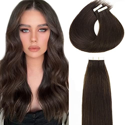 Loxxy Tape in Hair Extensions 20pcs - 14inch Dark Brown Human Hair, Silky Straight Remy Hair Extensions, Double Sided Invisible Tape for Natural Look | Perfect for Daily Wear, Parties, Weddings & Special Occasions