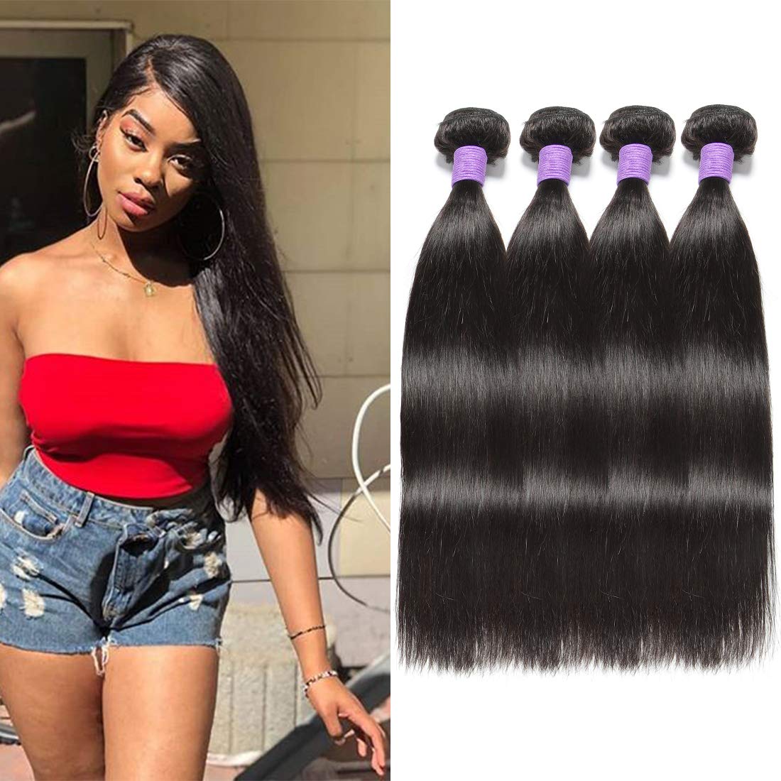 Peruvian Straight Virgin Human Hair Bundles - 100% Unprocessed 4 Bundles (10/12/14/16 Inches) 1B Color for Weave Extensions | Perfect for Daily Styling, Salon Looks & Special Occasions