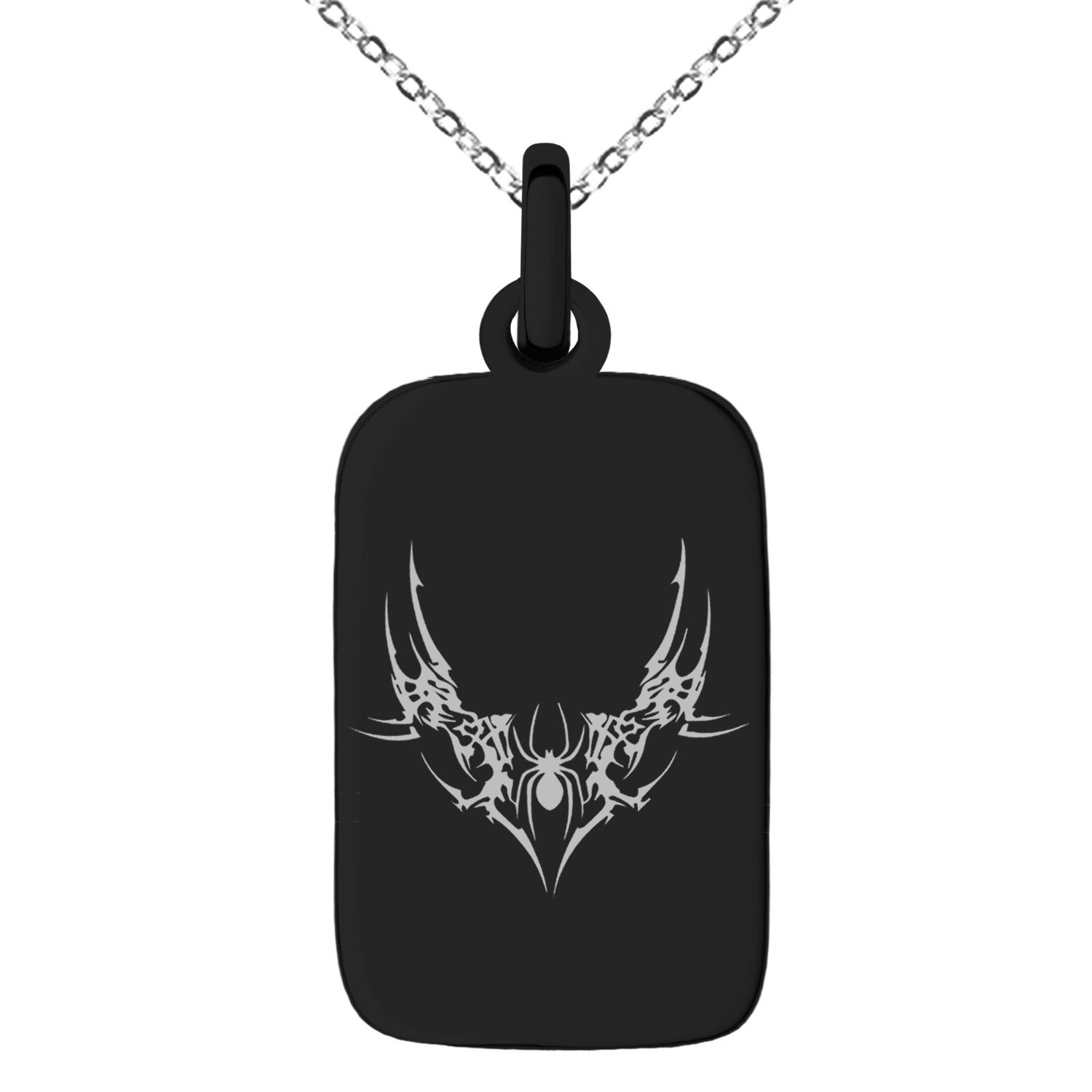 Stainless Steel Wicked Black Widow Small Rectangle Dog Tag Charm Pendant Necklace for Men & Women - Gothic Jewelry for Everyday Wear, Costume Parties & Alternative Fashion