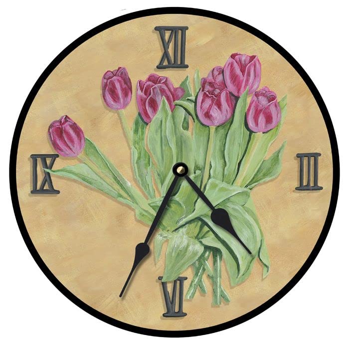 15 Inch Pink Tulips Round Wall Clock - Vintage Floral Decor for Living Room, Bedroom & Office - Silent Non-Ticking Battery Operated