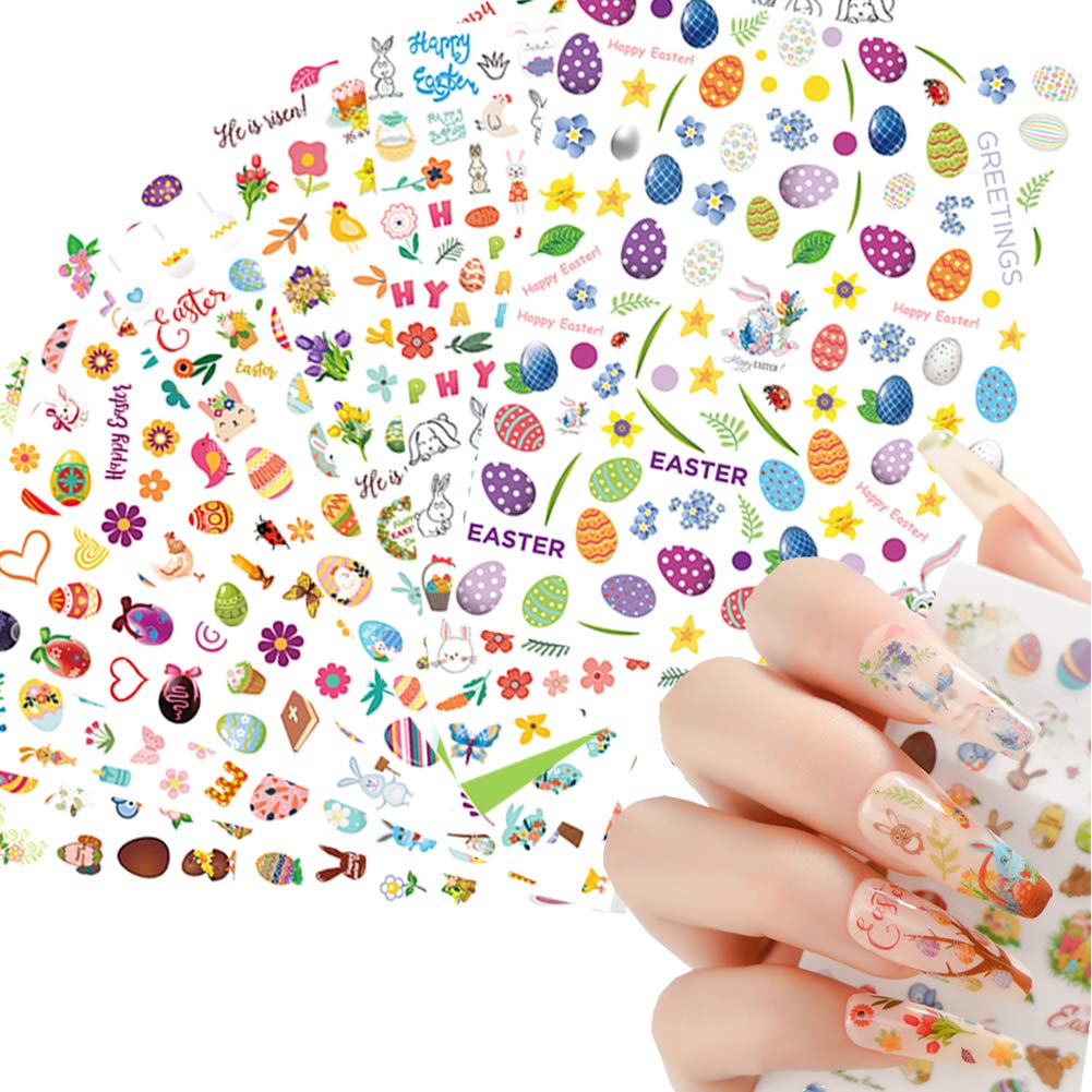 Easter Nail Art Stickers - 8 Sheets 3D Self-Adhesive Nail Decals with Bunny, Eggs & Chicken Designs - Cartoon Rabbit Manicure Decorations for Kids, Girls & Women - Perfect for Easter Parties, Spring Nail Art & DIY Home Manicures