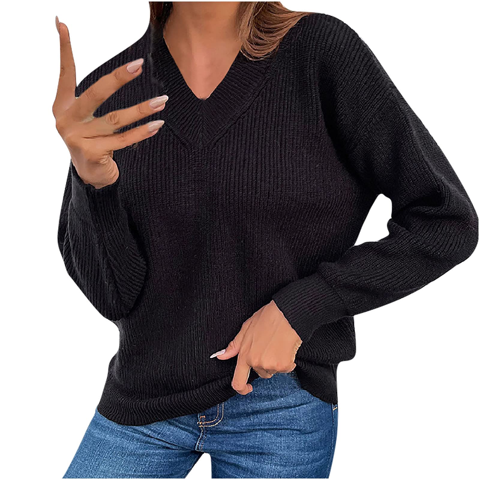 Women's Autumn Winter Knit Basic Sweater Casual Long Sleeve V-Neck Blouse - Fashionable 2022 Trendy Top for Work, Dating & Daily Wear