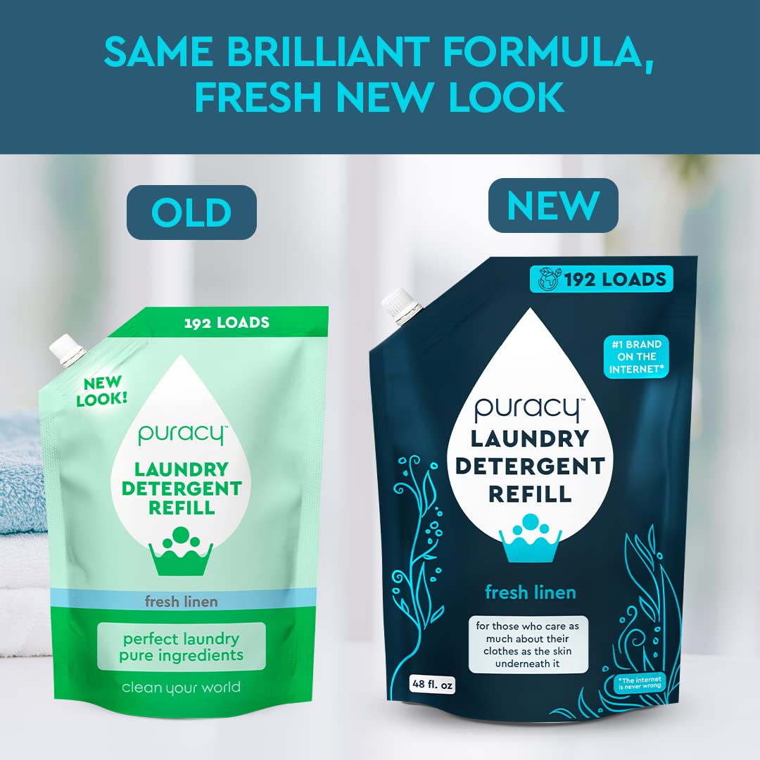 Puracy Natural Liquid Laundry Detergent Refill - Enzyme-Powered Concentrate for 192 Loads | Non-Toxic, Hypoallergenic Fresh Linen Scent | TikTok Viral Eco-Friendly Detergent | Perfect for Sensitive Skin & Baby Clothes (48 fl oz)