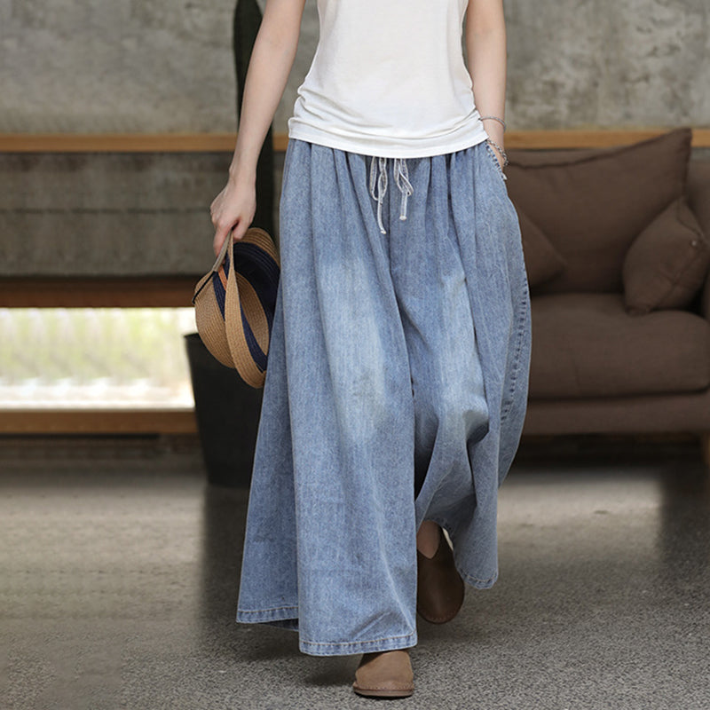Plus Size Casual Drawstring Blue Denim Wide Leg Pants Jeans for Women - Comfortable Stretch High Waist Trousers for Everyday Wear, Work & Travel