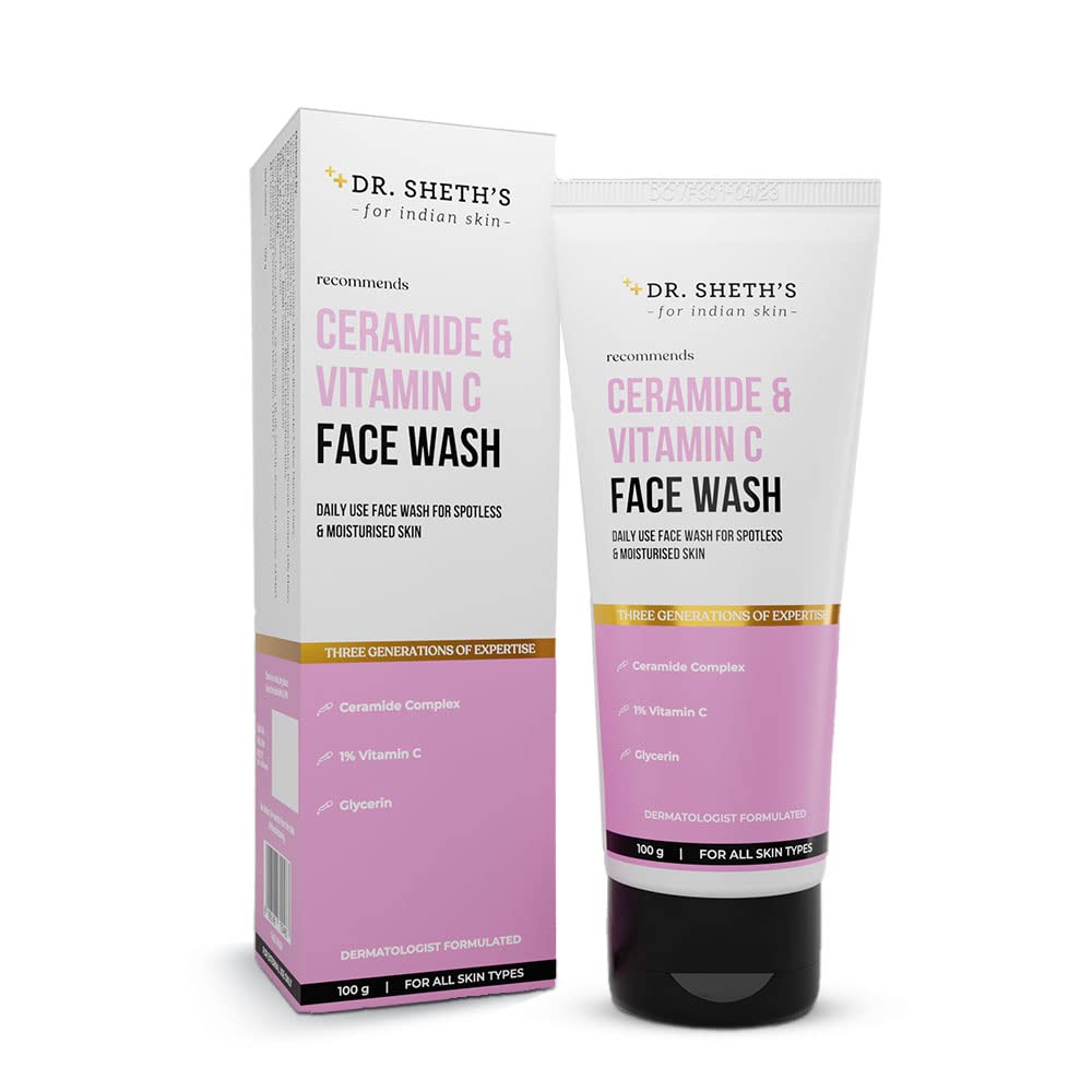 Dr. Sheth's Ceramide & Vitamin C Brightening Face Wash - Gently Cleanses, Hydrates & Reduces Dark Spots | For Normal, Oily & Combination Skin | Men & Women | 100 mL | Daily Skincare Routine for Brighter, Even-Toned Skin