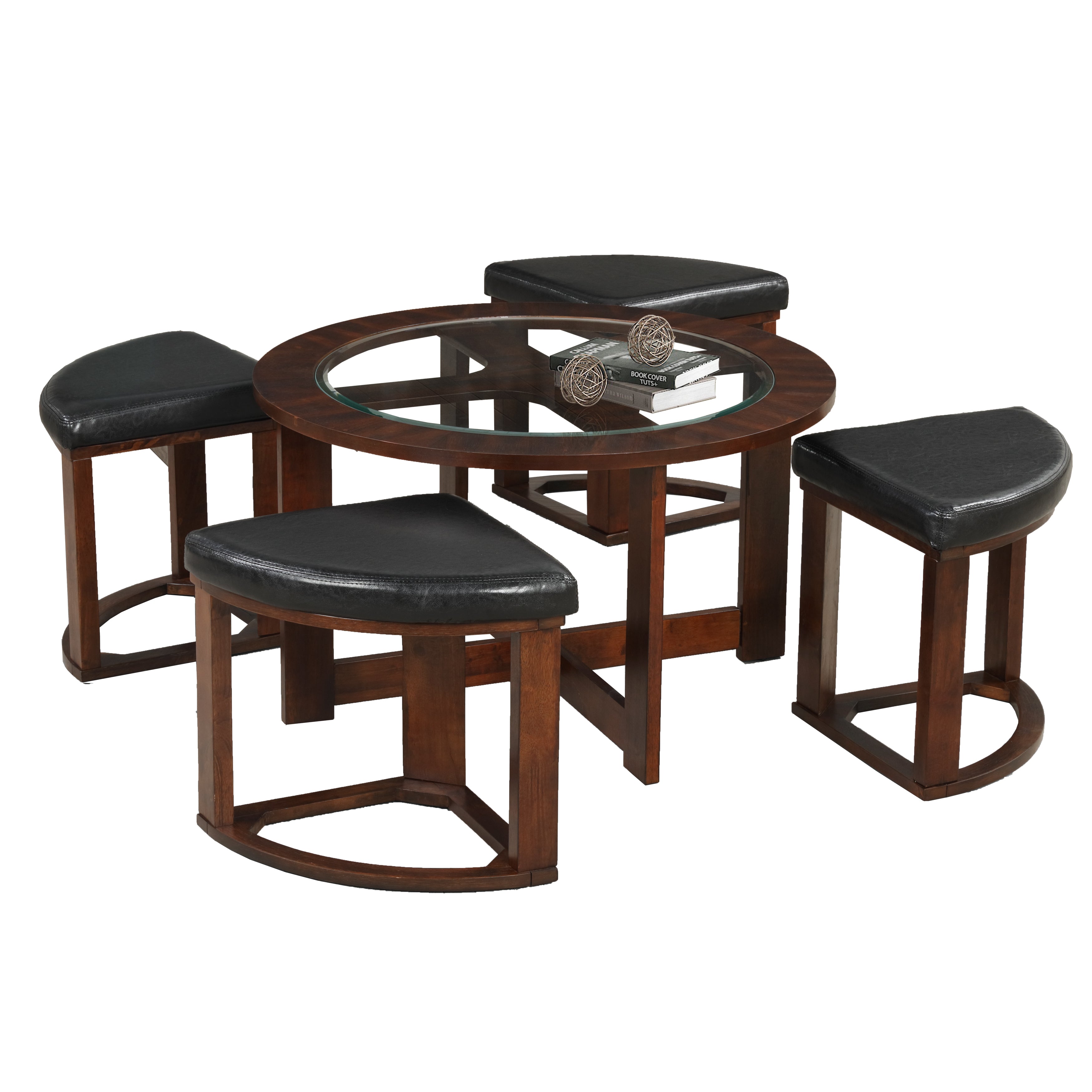 Roundhill Furniture Cylina Solid Wood Round Coffee Table with Tempered Glass Top & 4 Matching Stools - Perfect for Living Room, Lounge, and Home Decor