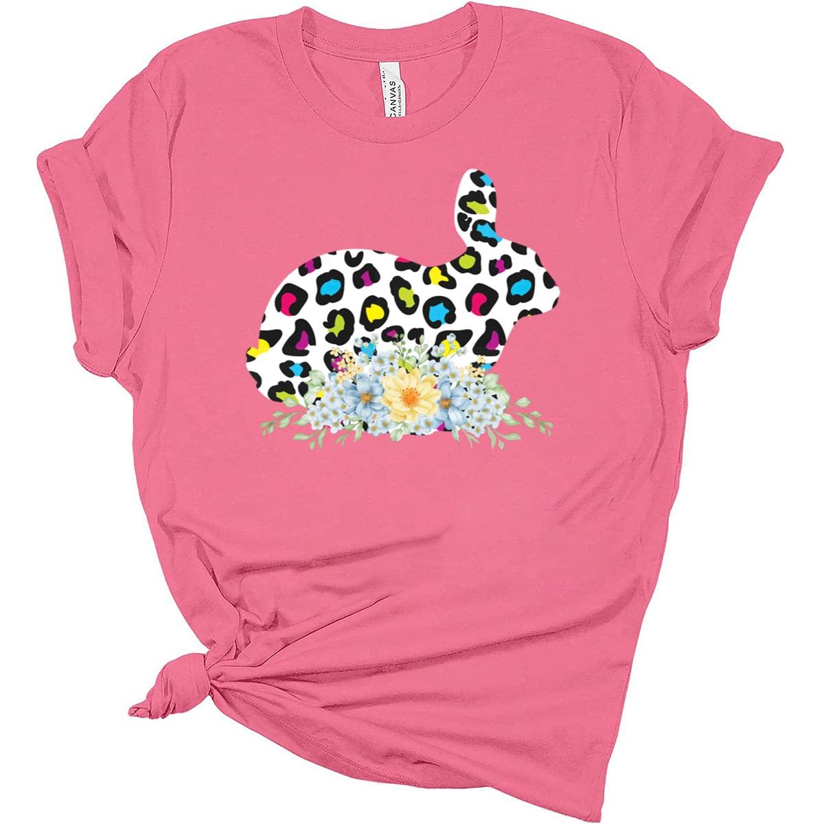 Easter Bunny Floral Leopard Print Women's T-Shirt - Cute Spring Tee for Easter Celebrations, Family Gatherings & Casual Outfits