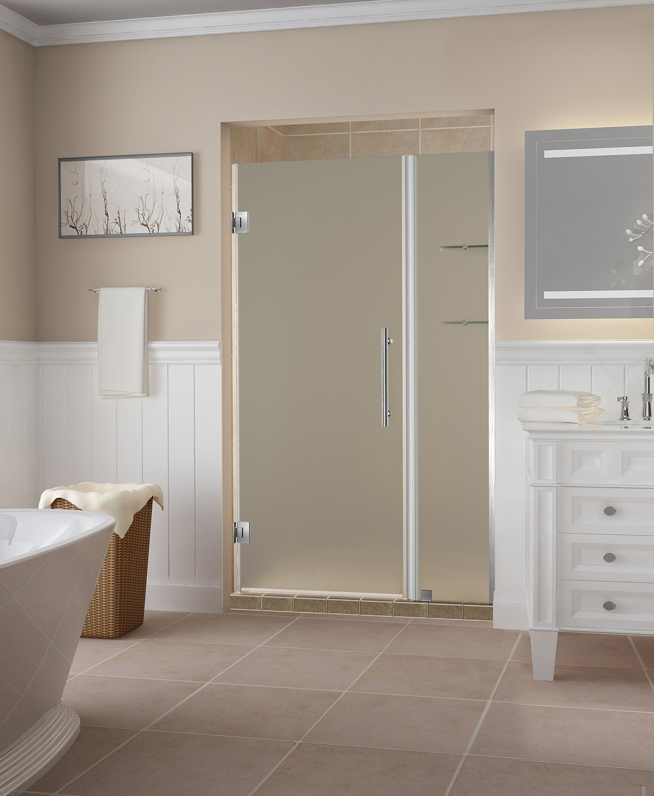Frosted Glass Frameless Hinged Shower Door with Shelves - Aston Belmore GS Series | Modern Bathroom Upgrade for Spa-Like Experience