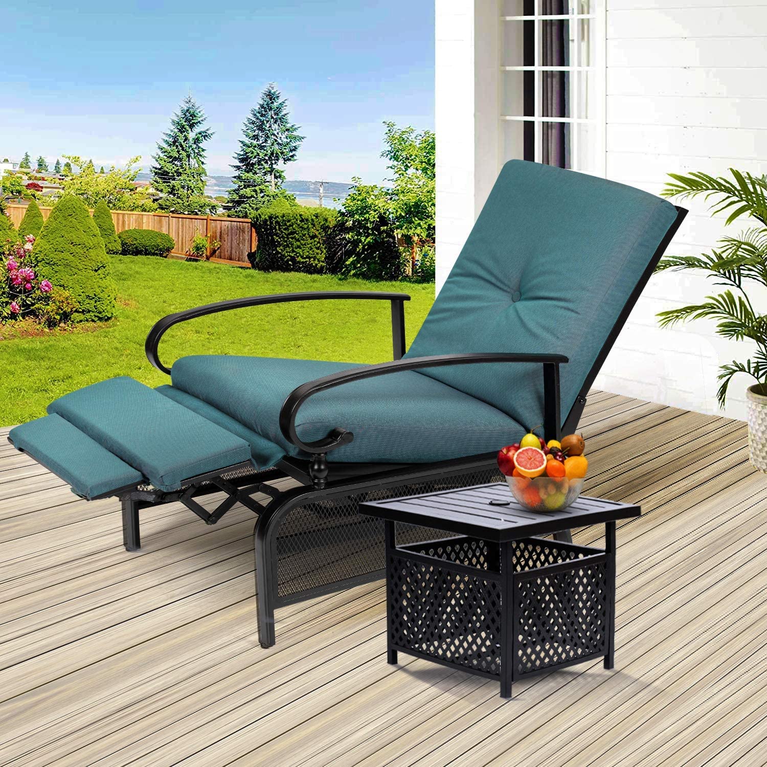 Crownland 2-Piece Outdoor Lounge Chair Set with Adjustable Reclining Patio Chairs & Umbrella Bistro Table - Durable Metal Furniture for Backyard, Poolside, Garden Relaxation