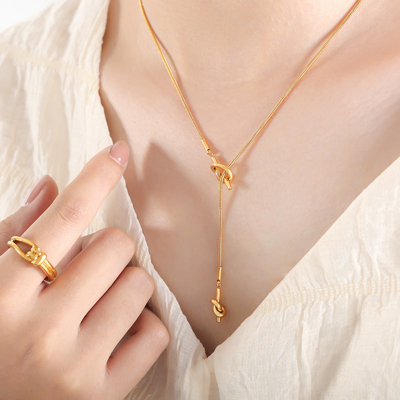 Elegant Adjustable Gold Knot Tassel Lariat Y Necklace for Women | Trendy Layered Minimalist Jewelry Gift | Perfect for Date Night, Office Wear & Special Occasions