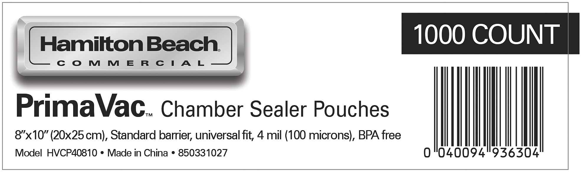 Hamilton Beach Commercial PrimaVac Chamber Vacuum Sealer Pouches - 8