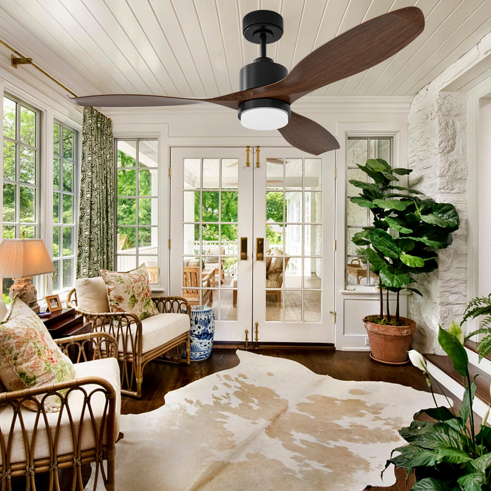 52 Inch Smart Ceiling Fan with Light and Remote Control - Alexa & App Compatible, Reversible 3 Blades, Quiet DC Motor, 6 Speeds, Timer, Dimmable LED - Walnut Finish for Living Room, Bedroom and Office