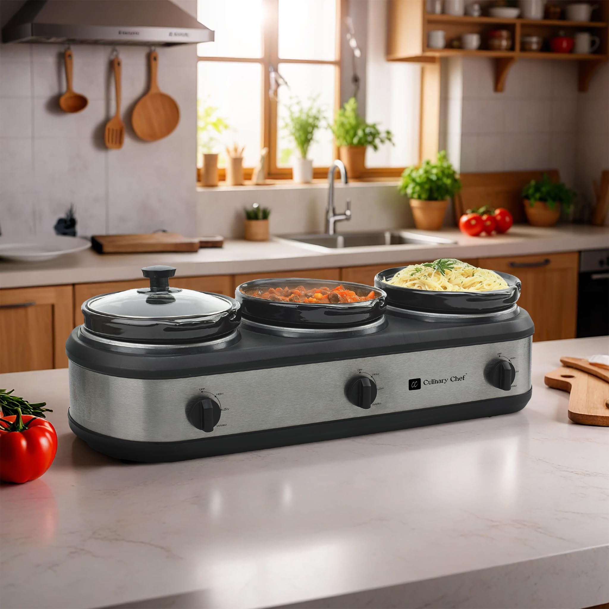 SC3105-SS 3-Pot Stainless Steel Slow Cooker & Buffet Server - Keep Food Warm for Parties, Catering & Family Gatherings
