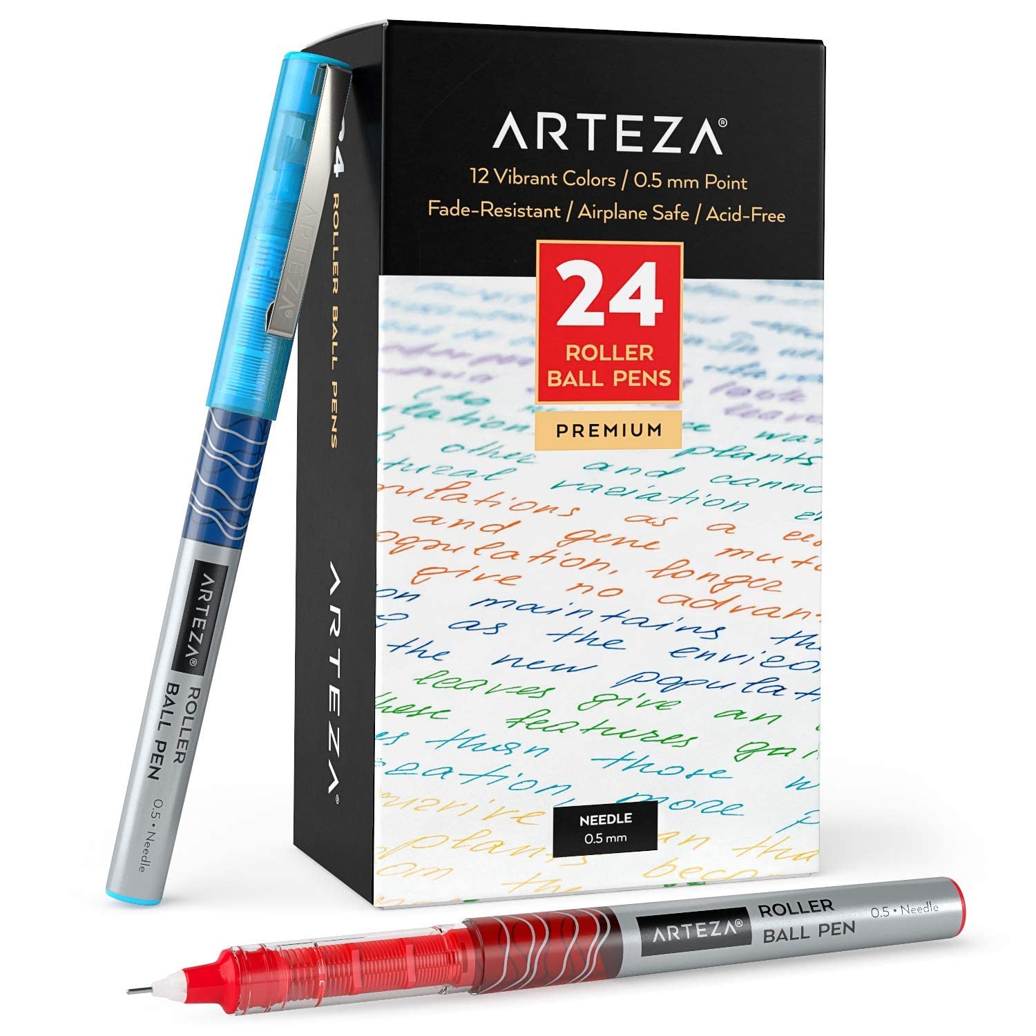 ARTEZA 24-Pack Fine Point Rollerball Pens - 0.5mm Extra Fine Needle Tip with Liquid Ink for Coloring, Journaling & Note Taking - Vibrant Color Set for Artists, Students & Office Use
