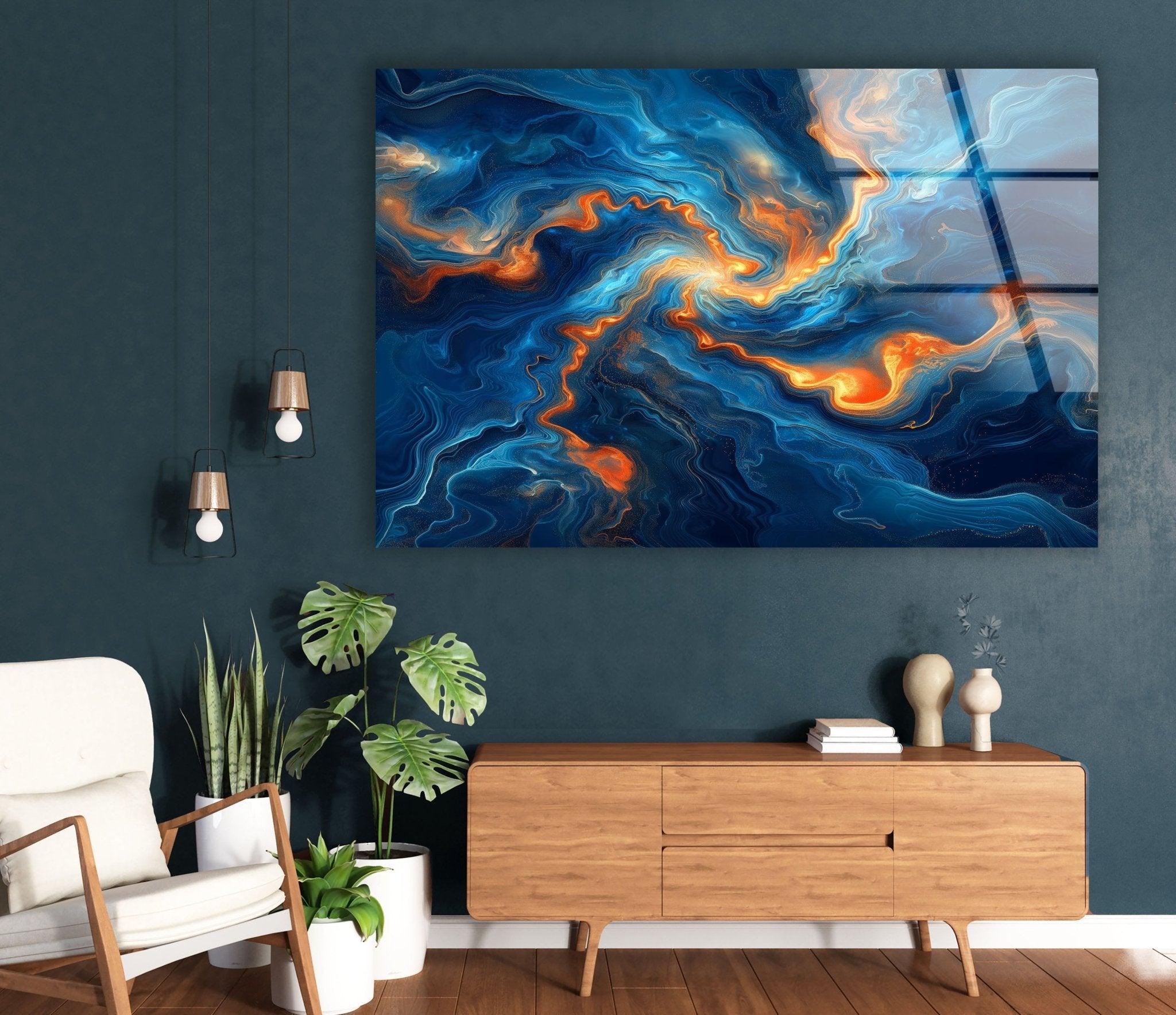 Abstract Swirling Blue and Orange Glass Wall Art - Handmade Modern Home Decor for Living Room, Bedroom & Office - Unique Contemporary Wall Sculpture