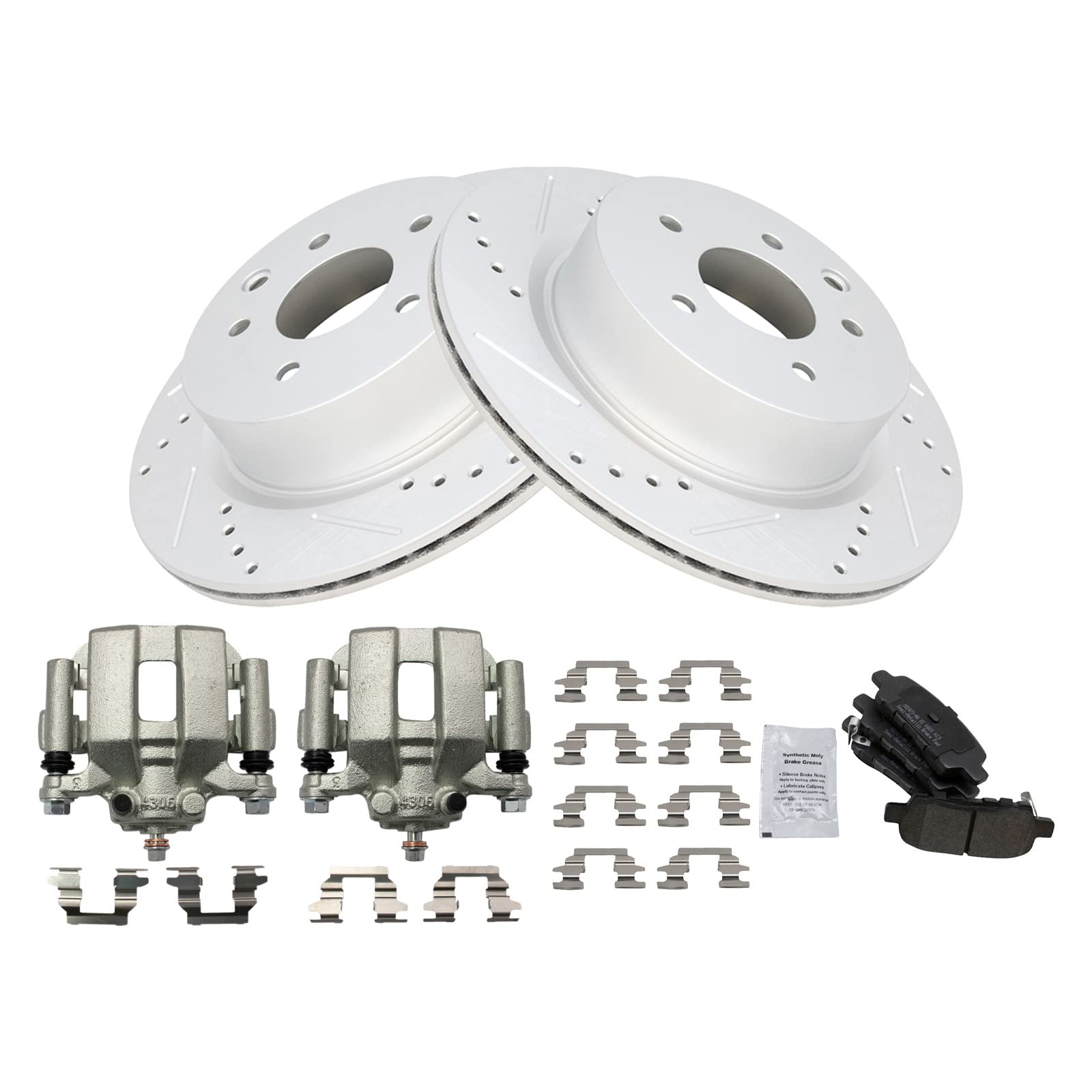 TRQ Premium Rear Performance Brake Pad & Rotor Kit - Semi-Metallic Vented G-Coated Brake Caliper Set - Compatible with 2005 INFINITI G35 - Perfect for High-Performance Driving & Daily Commutes