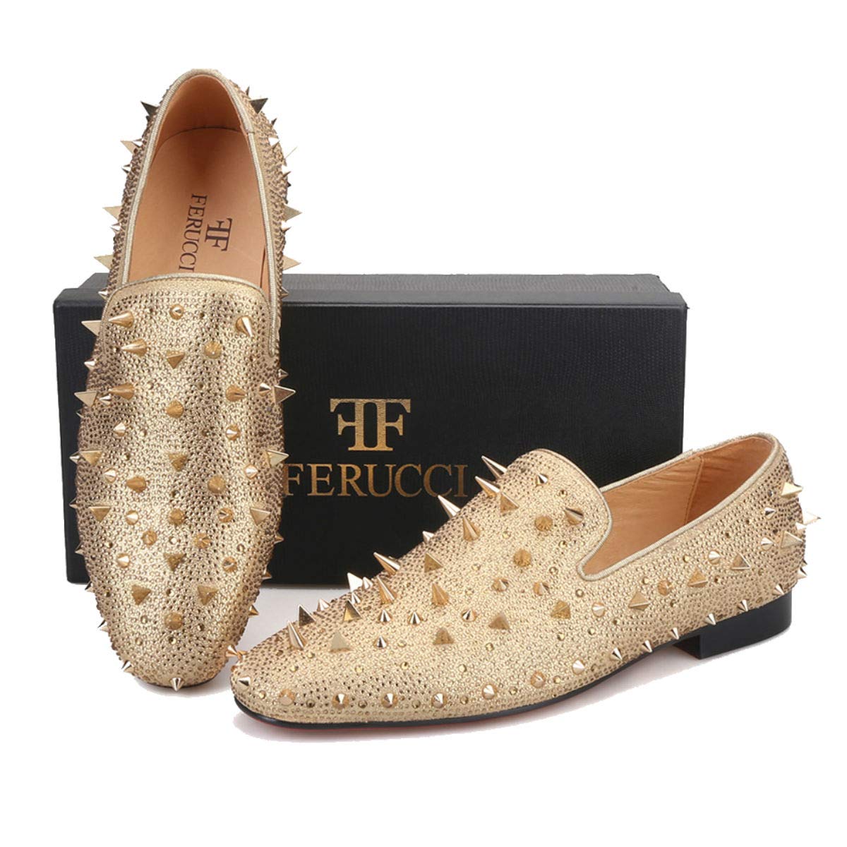 FERUCCI Men's Gold Spike Loafers with Crystal Rhinestones - Stylish Slip-On Shoes for Casual Wear, Parties & Night Out