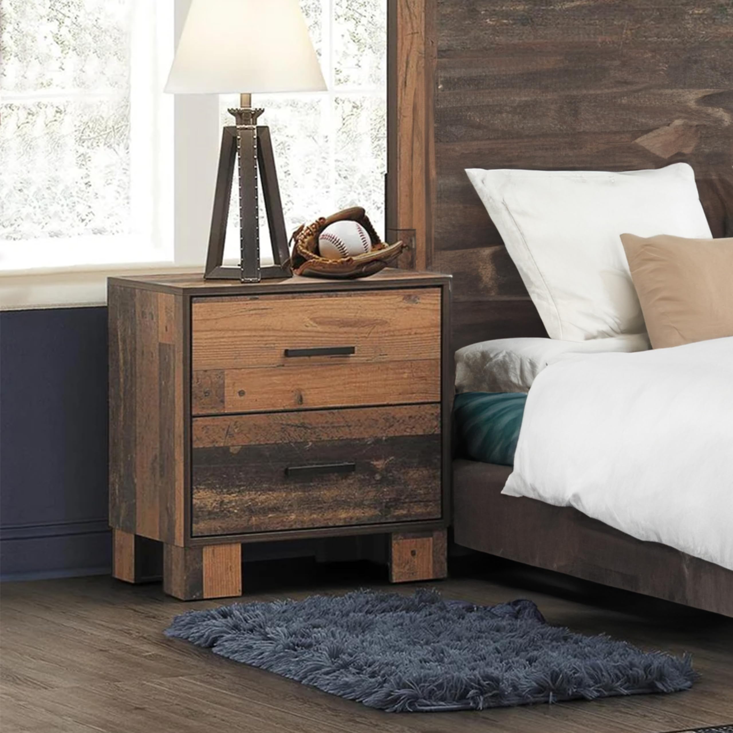 Rustic Brown Benjara 2-Drawer Nightstand with Decorative Nails & Wood Grain Details - Perfect for Bedroom, Living Room, or Guest Room Furniture