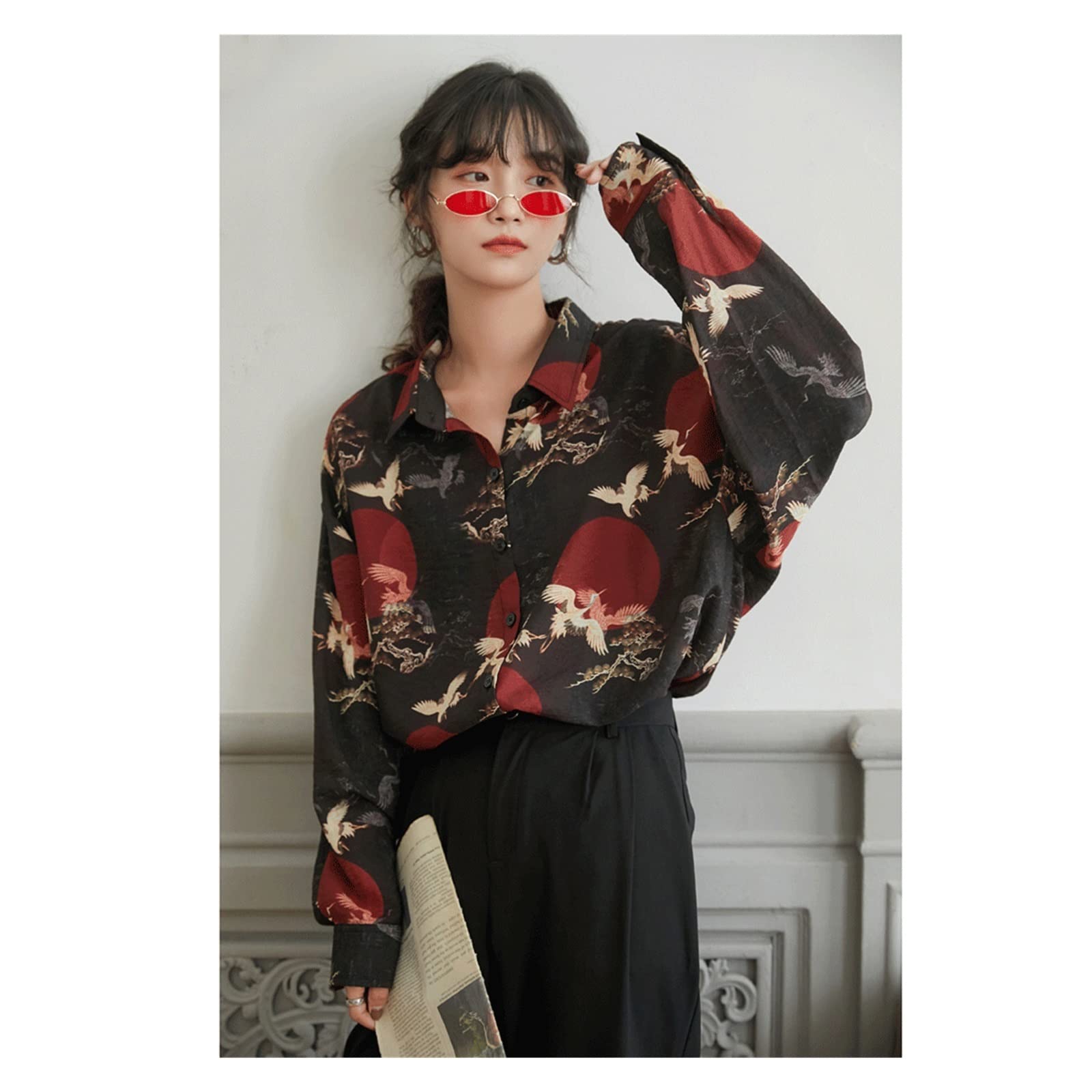 Women's Vintage Loose Long Sleeve Button Up Print Shirts - Streetwear Tops (Color A, Size S) | Casual Wear, Office Outfits & Everyday Fashion