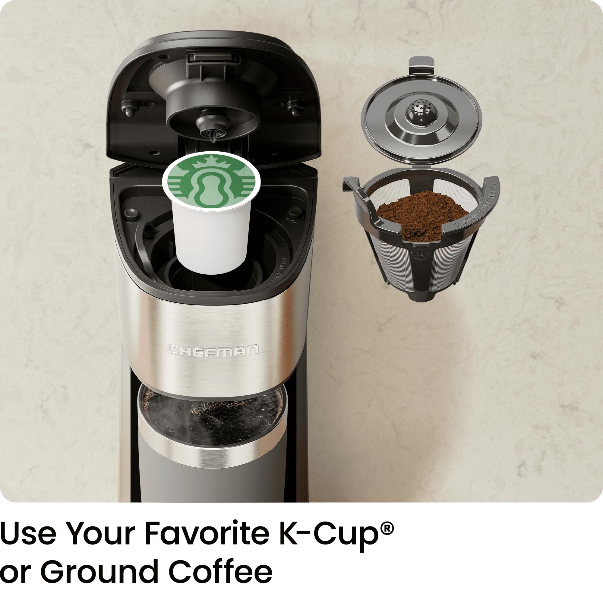 CHEFMAN Single Serve Coffee Maker - K Cup Compatible Coffee Machine for K-Cup Pods & Ground Coffee | 6-12oz Brew Size, 40oz Water Tank with Cup Lift | Perfect for Home, Office & Dorm Use