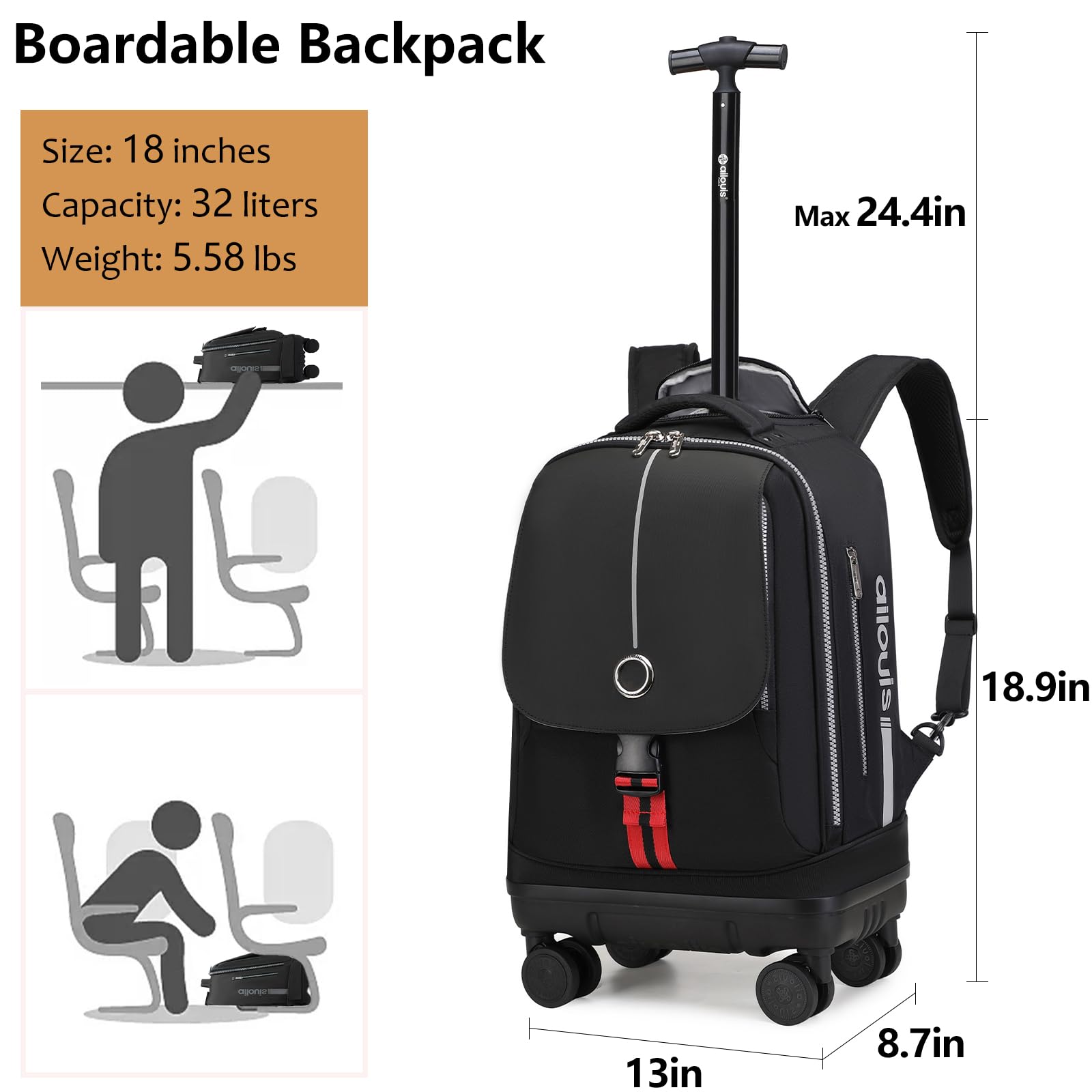 18 Inch Rolling Backpack with 4 Detachable Wheels - Water Resistant Wheeled Laptop Backpack for Men & Women | Carry-On Luggage, Business Travel Bag for Work & Airplane | Perfect for Commuting, College & Business Trips (Black)