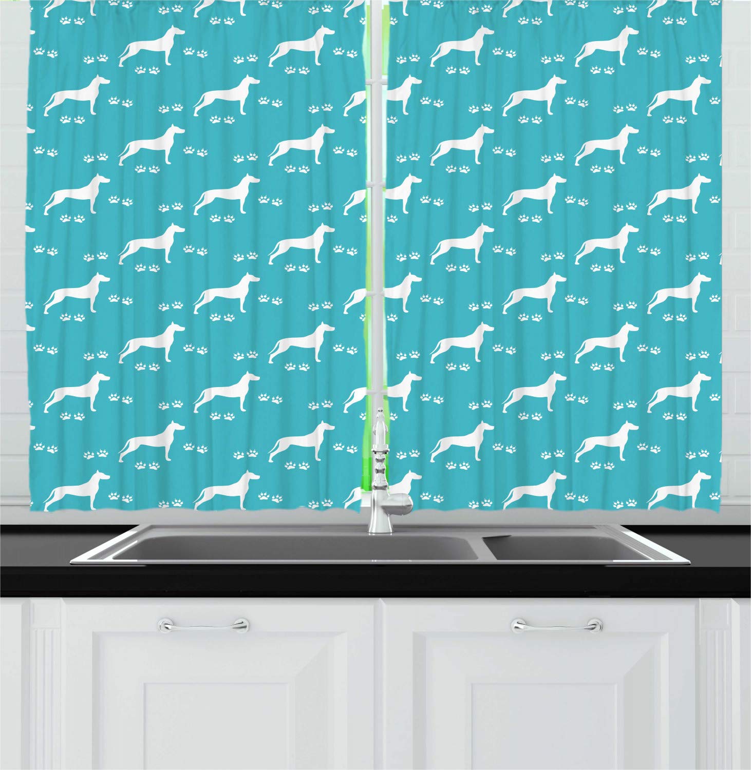 Ambesonne Dog Lover Kitchen Curtains Set of 2 - Minimalist Dog Silhouette & Paw Print Pattern in Turquoise & White, 55