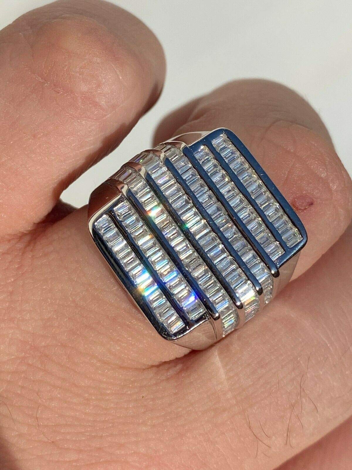 Real Solid 925 Sterling Silver Men's Large Hip Hop Ring with Baguette Diamonds - Iced Out Bling Ring for Pinky or Ring Finger - Perfect for Rappers, Streetwear Fashion & Gift Giving
