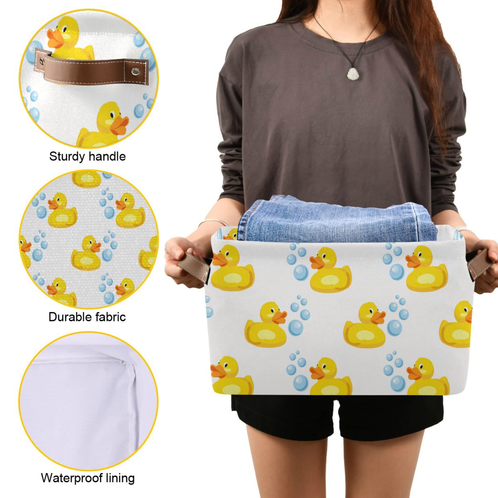 Yellow Rubber Ducks Rectangular Collapsible Storage Basket with Leather Handles - Foldable Laundry Bin & Home Organizer for Kitchen, Bedroom, Bathroom | Perfect for Toys, Clothes & Household Items Storage