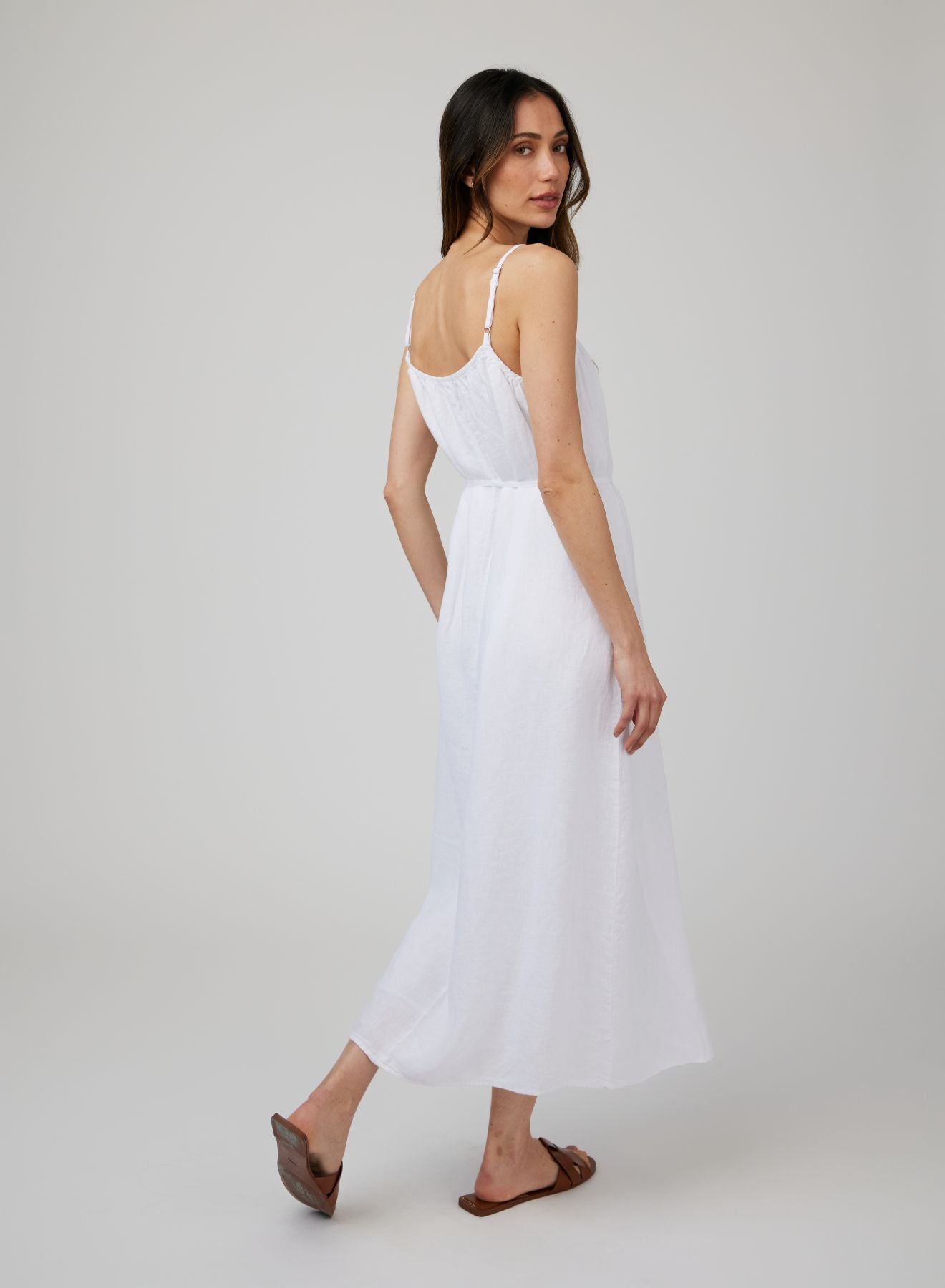 Linen Shirred Maxi Dress for Women - Flowy Summer Beach Dress, White - Perfect for Vacations, Weddings & Boho Outfits