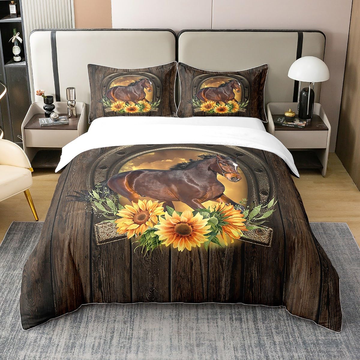 King Size 100% Cotton Duvet Cover Set - 3 Piece Watercolor Sunflower & Wooden Stripes Farmhouse Style Comforter with Pillowcases | Brown Horse & Wild Animal Print Bedding for Kids, Teens & Adults | Perfect for Rustic, Boho & Farmhouse Decor Bedrooms