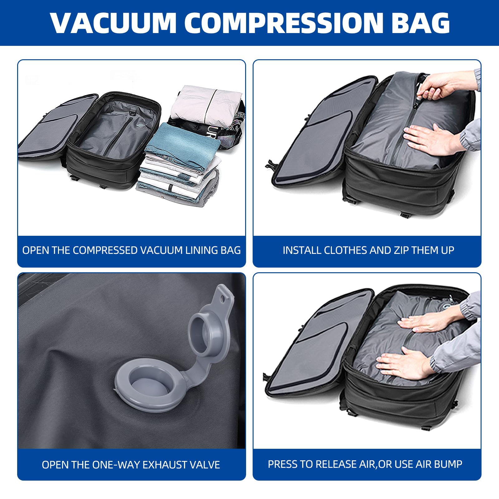 60L Expandable Air Vacuum Travel Backpack with Built-in Pump - Waterproof Compression Laptop Backpack with TSA Lock for Business Trips, Hiking & Weekend Getaways