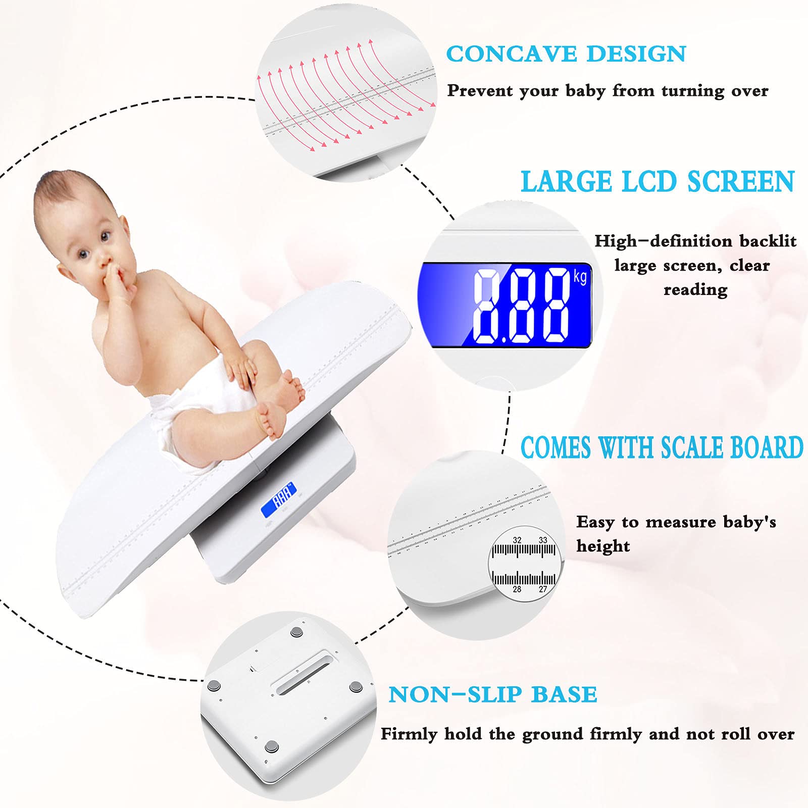 Digital Baby Scale & Toddler Scale with Large LCD Display - 220lb Capacity, 10g Accuracy, 0-60cm Height Measurement - Multi-Function for Infants, Kids & Pets (White) | Perfect for Home Use, Pediatric Checkups & Pet Weight Tracking