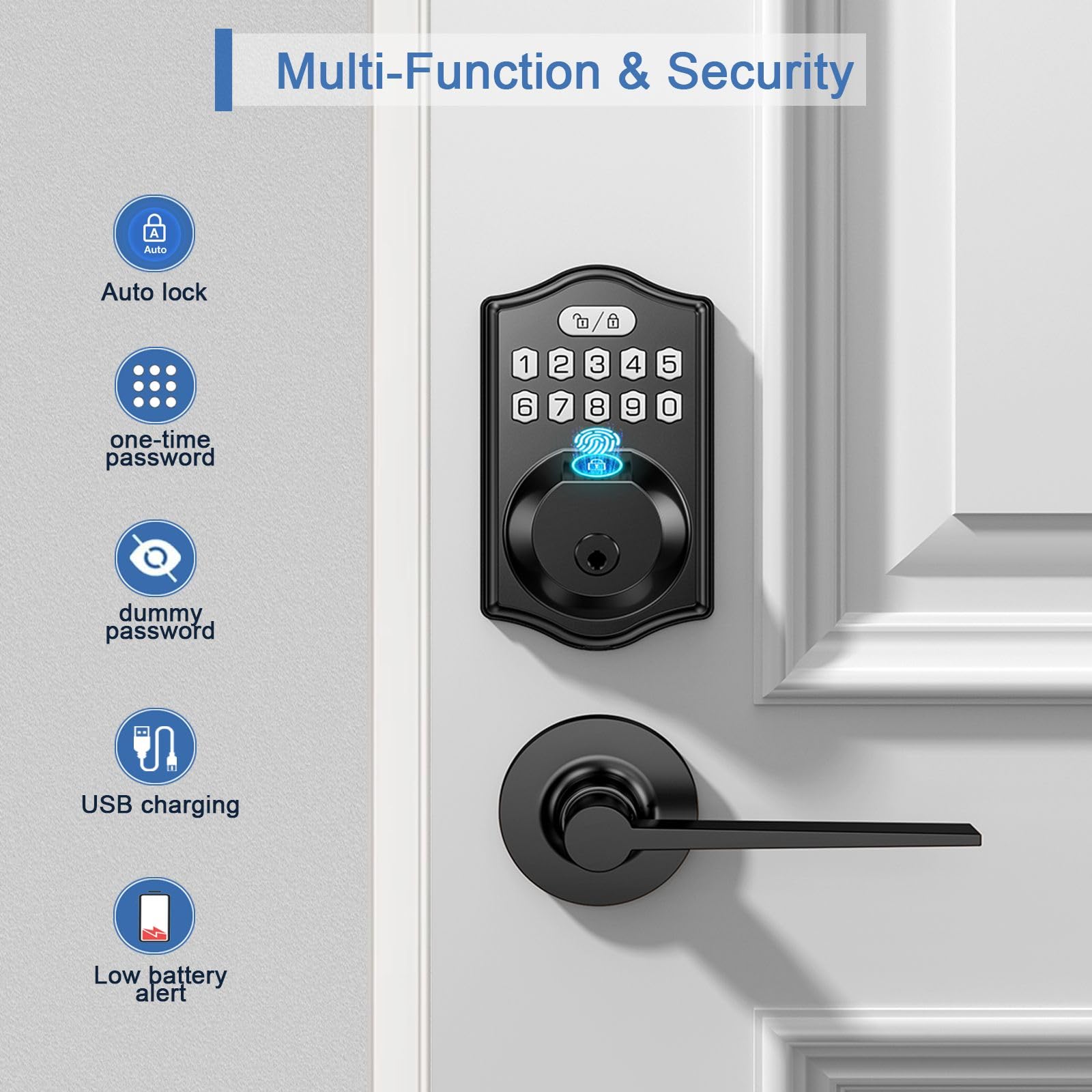 Smart Keyless Entry Door Lock with Fingerprint & Keypad - Electronic Deadbolt with Auto Lock & 2 Lever Handles - Black Front Door Security Upgrade for Homes & Apartments - Perfect for Modern Smart Home & Vacation Rental Properties