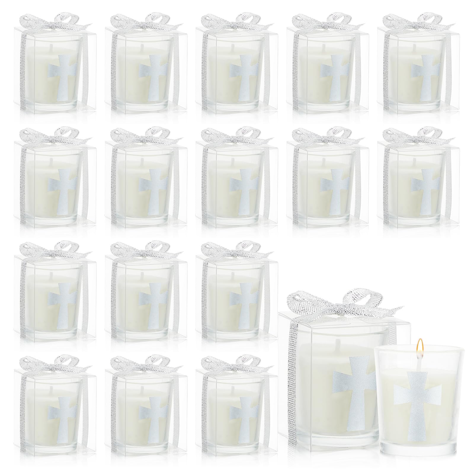 24 Pcs Silver Cross Themed Candles - Wedding Party Favors, Baptism Gifts, Bridal Shower Favors for Wedding, Birthday, Housewarming Party - Elegant Table Centerpiece & Guest Gifts for Religious Ceremonies & Special Occasions