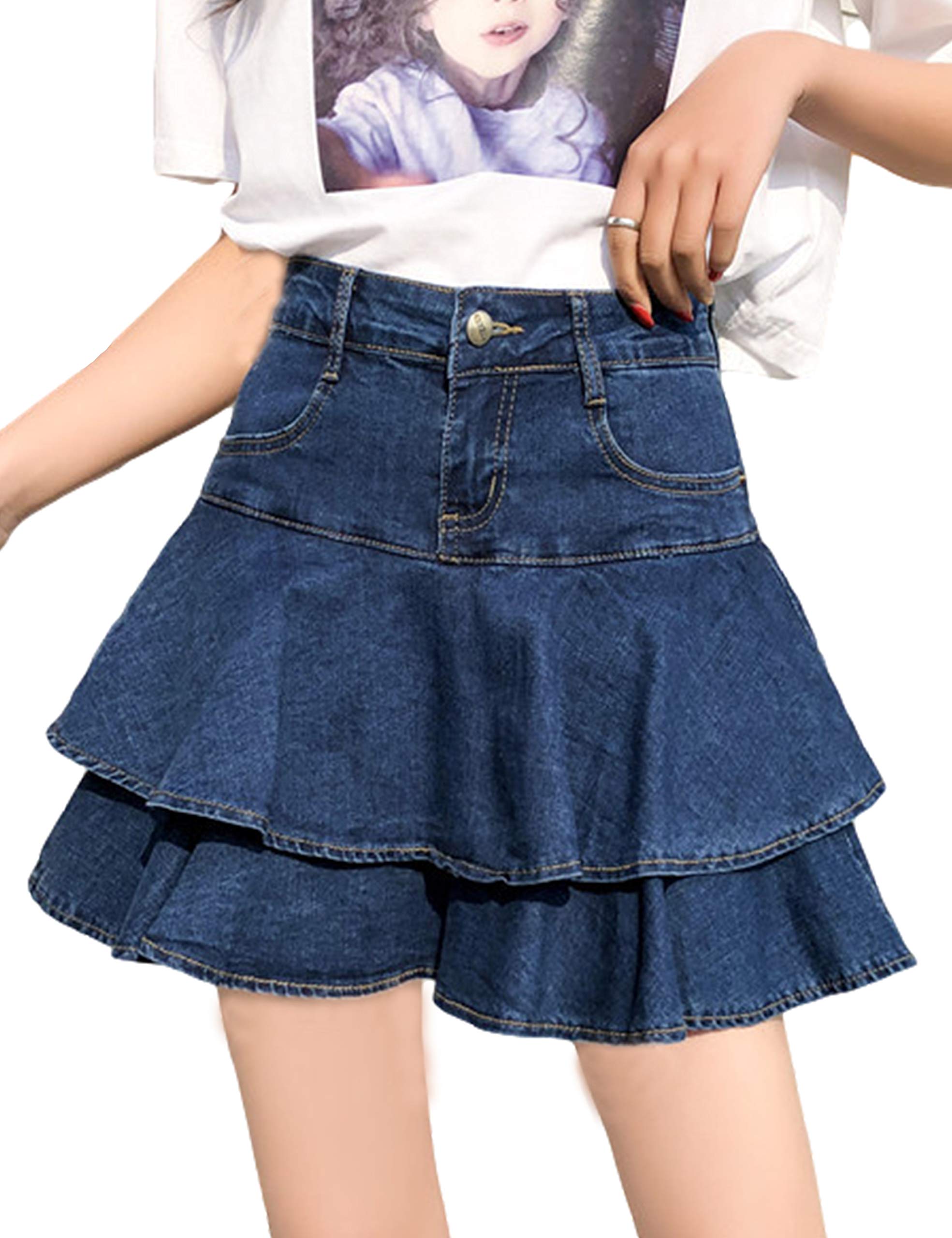 Yeokou Women's Casual Slim A-line Pleated Ruffle Denim Mini Skirt | Stretch Comfort Fit | Summer Outfits, Beachwear & Street Style Fashion