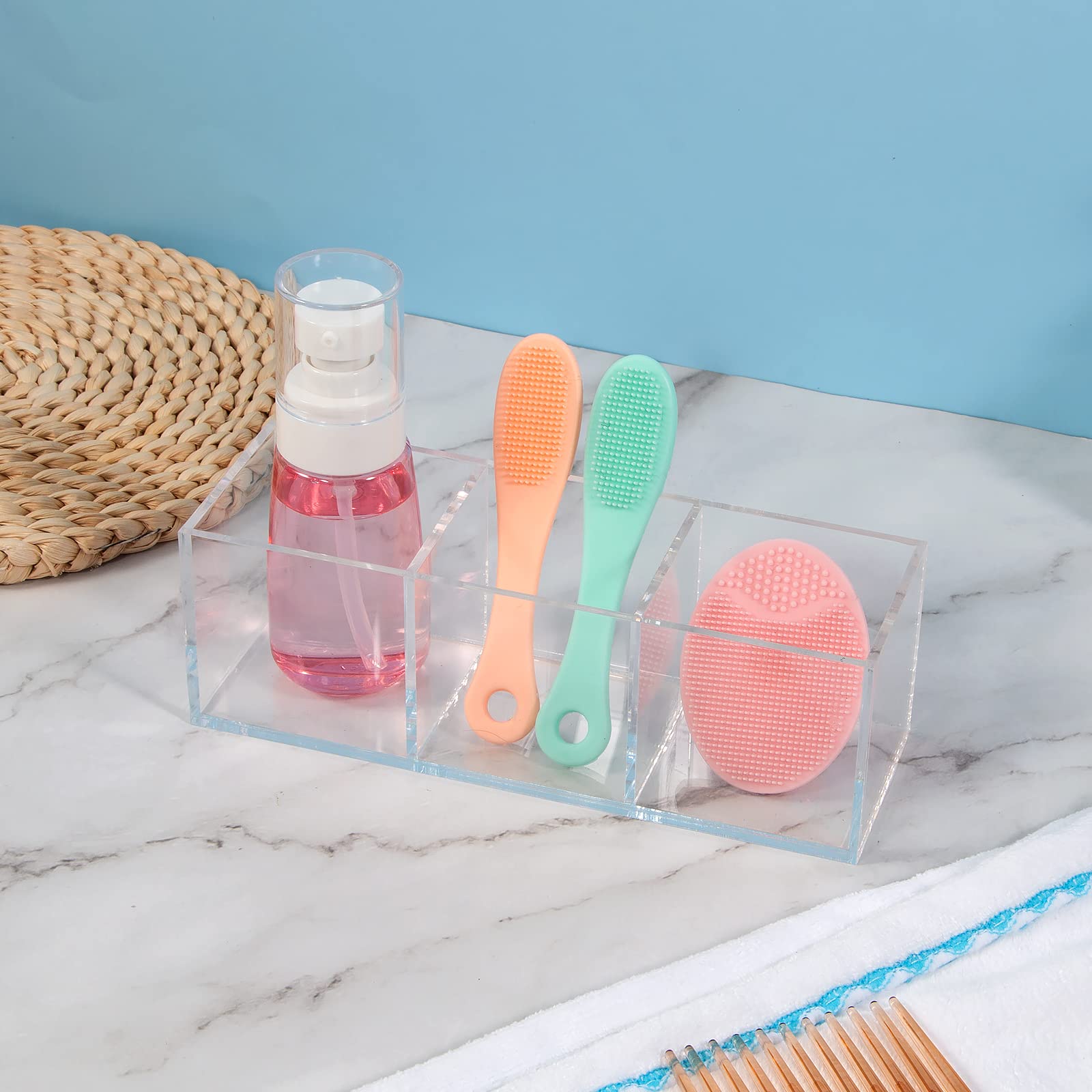 Clear Acrylic Makeup Organizer - 3 Compartment Pen & Pencil Holder (7.1x2.36x2.36 Inches) | Plastic Storage Cube for Cosmetics, Jewelry & Office Supplies | Perfect for Vanity, Desk & Bathroom Organization