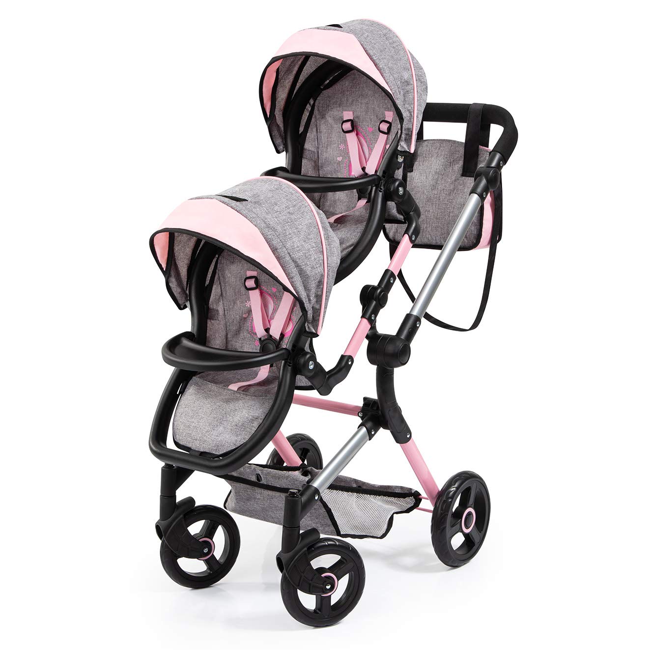 Bayer Twin Doll Stroller Neo - Gray & Pink Butterfly Design, Denim Look - Perfect for Role Play, Pretend Play, and Outdoor Adventures with Kids