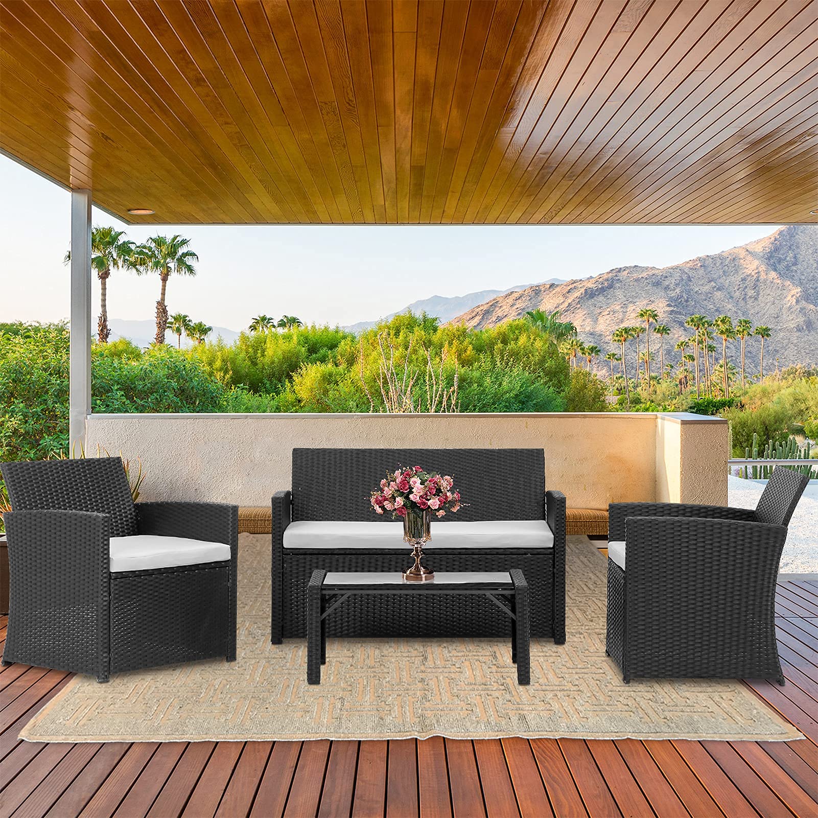 4-Piece PE Wicker Patio Furniture Set - Rattan Sofa Conversation Set with Coffee Table in Beige & Black | Outdoor Living Room, Garden, Poolside, Backyard Decor
