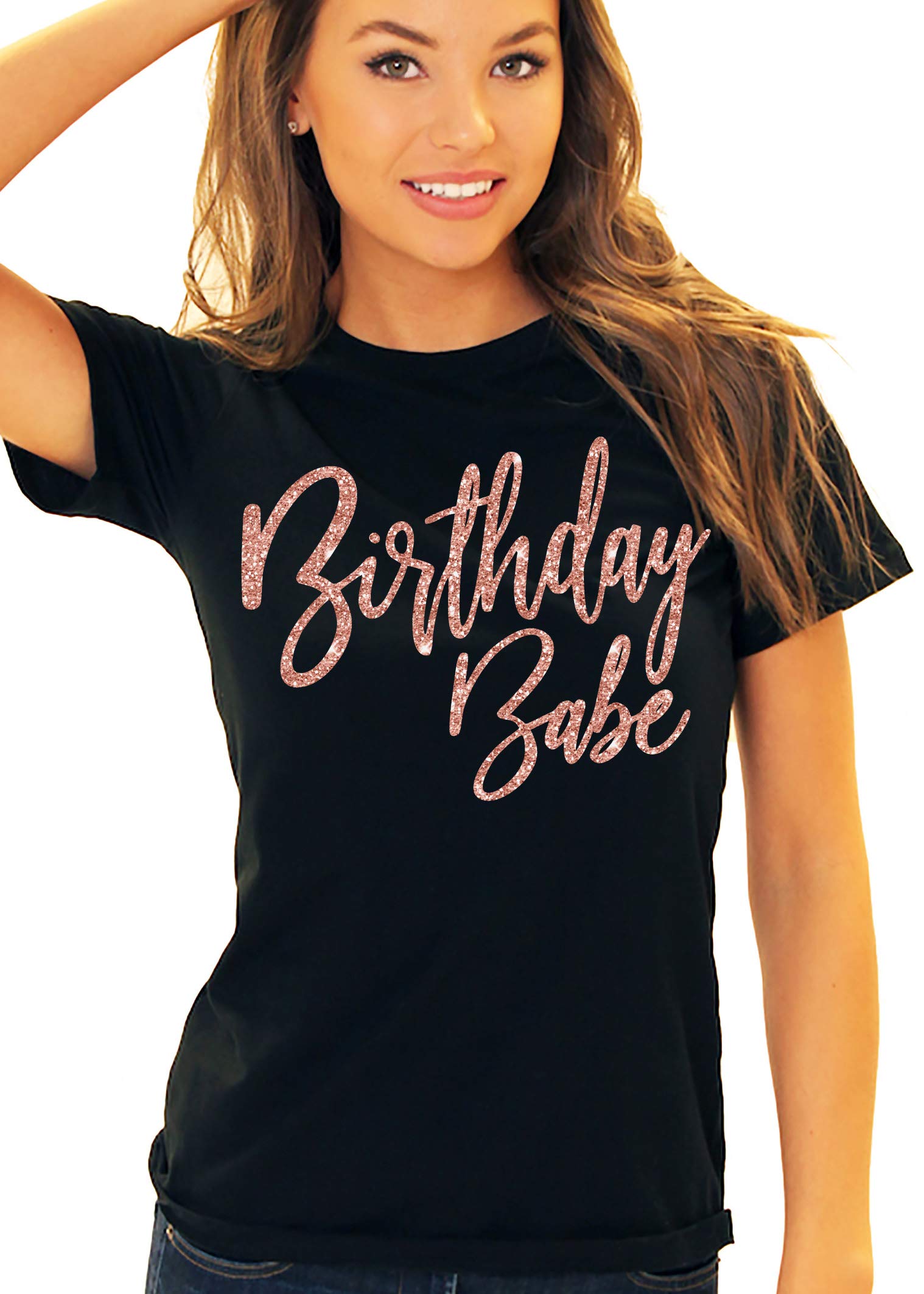 Women's Birthday Squad Rose Gold Glam T-Shirt - Black Party Tee for Women - Small Size - Perfect for Girls' Night Out, Bachelorette Parties & Birthday Celebrations