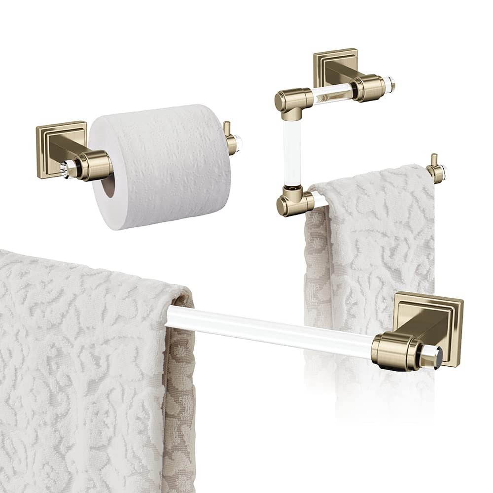 Amerock Glacio 24-Inch Towel Bar Set - Clear/Golden Champagne Finish - 3-Piece Bathroom Accessories for Modern Homes (Perfect for Bathrooms, Spas & Luxury Hotels)
