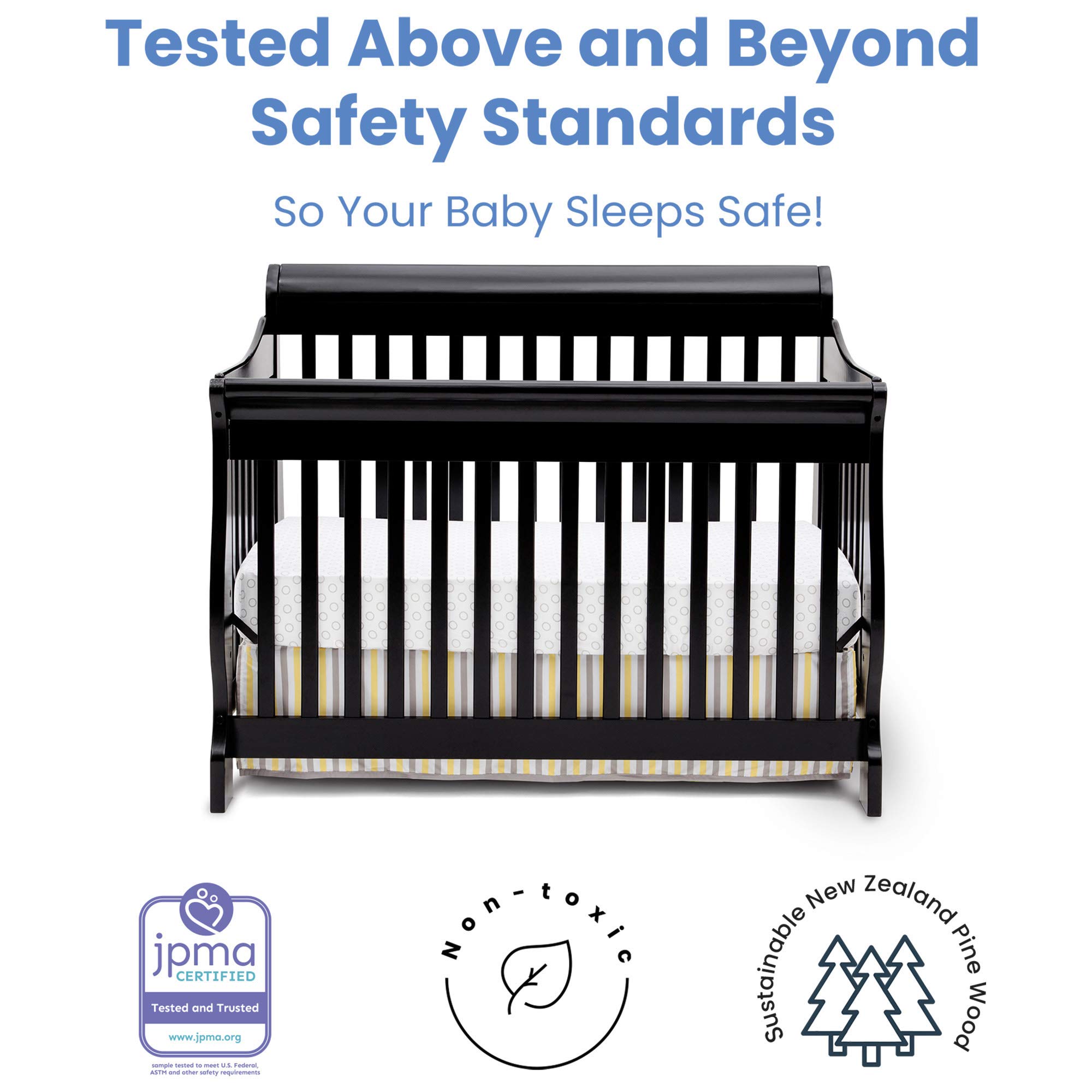 Delta Children Canton 4-in-1 Convertible Baby Crib to Toddler Bed with Serta Perfect Slumber Dual-Sided Mattress - Black Nursery Furniture Set for Newborns & Toddlers | Safe Sleep Solution for Nursery & Daycare