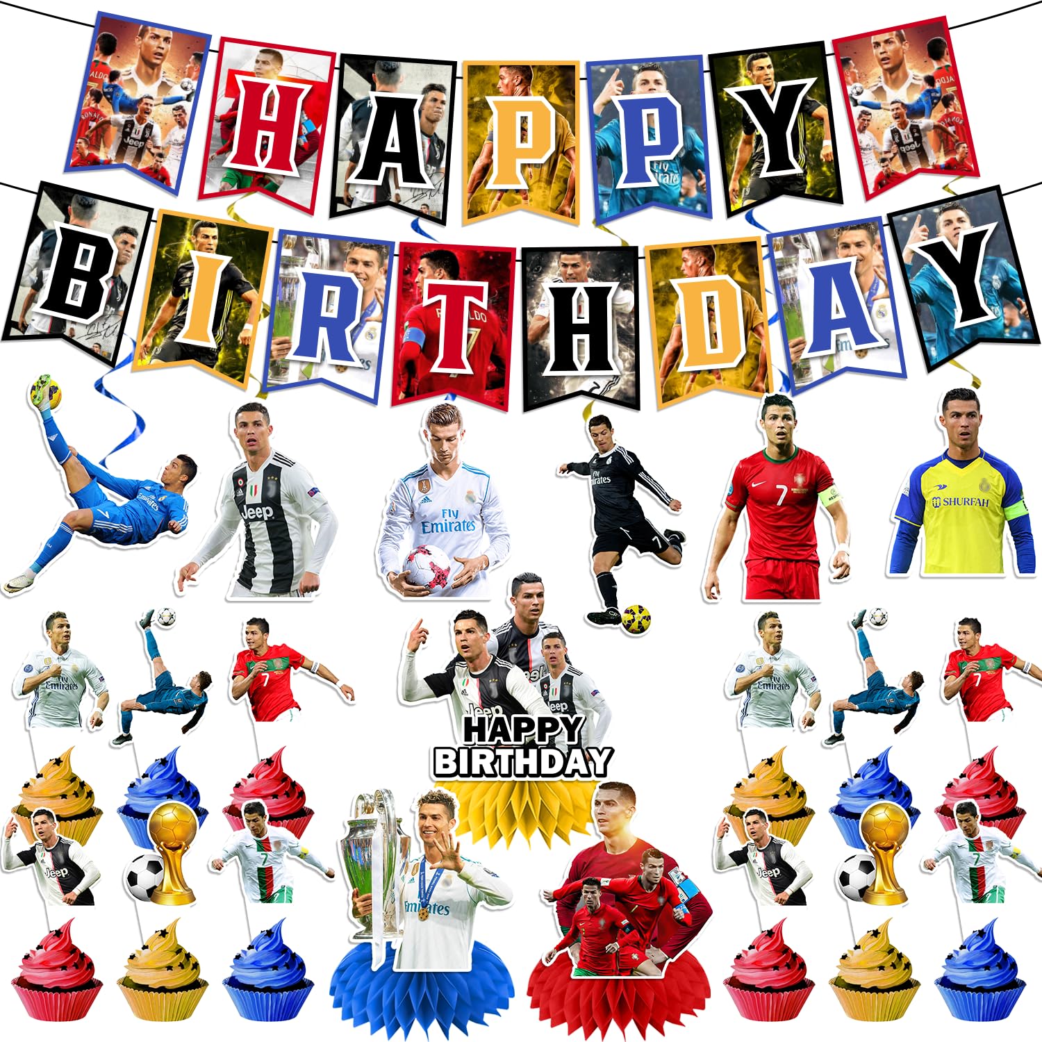 Desmilo 28-Piece 3D Soccer Star Birthday Party Decorations Set - Includes Cupcake Toppers, Banner, Centerpieces & Hanging Swirls - Perfect for Soccer Themed Birthday Parties, Baby Showers & Sports Celebrations