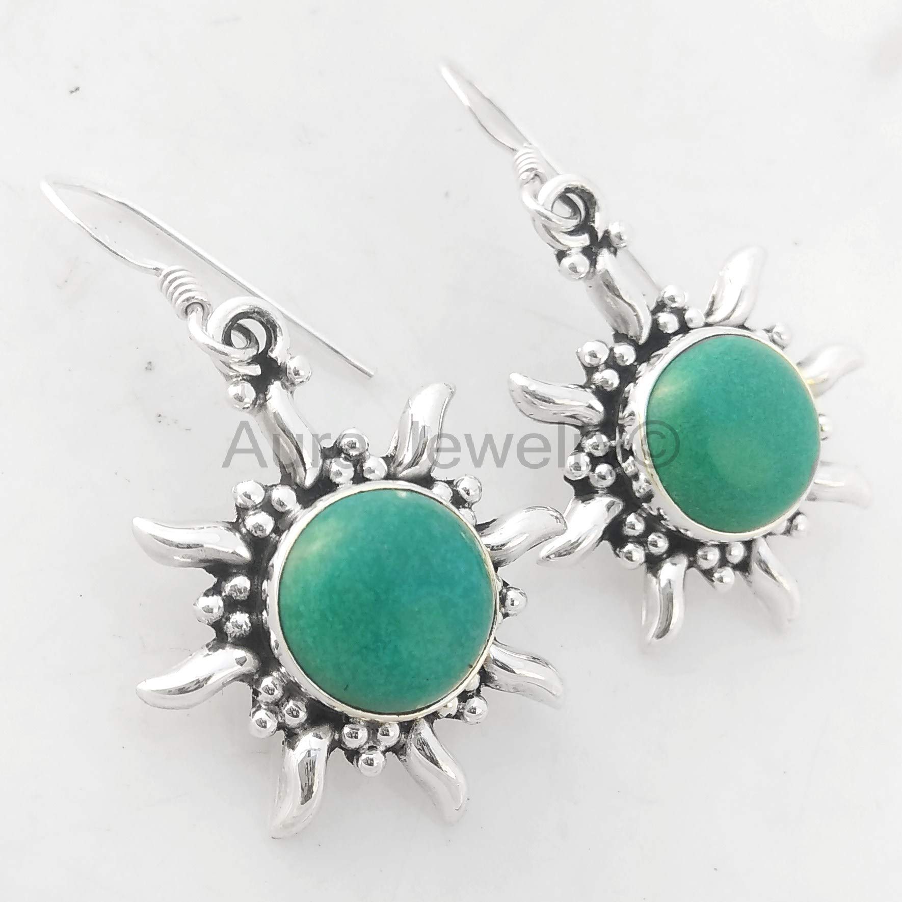 925 Sterling Silver Dangle Earrings for Women - Genuine Turquoise December Birthstone, Bezel Set Round Green Gemstone Hypoallergenic Jewelry | Trendy Gift for Christmas, Birthday & Special Occasions