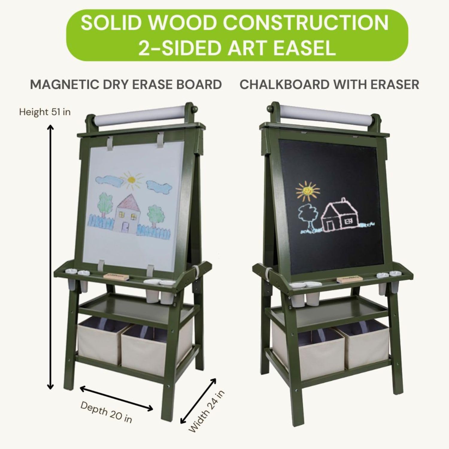 Little Partners Deluxe Learn 'N Play Toddler Easel - 2-Sided Kids Art Center with Chalkboard & Magnetic Whiteboard | Paper Roll, Storage Bins & Paint Cups | Perfect for Home, Preschool & Daycare (Olive Green)