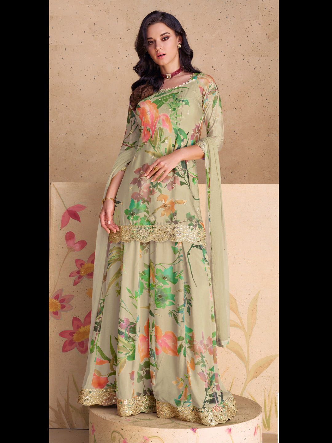 Elegant Beige Designer Ready-to-Wear Palazzo Suit with Digital Print & Embroidery - Perfect for Parties, Weddings & Festive Occasions