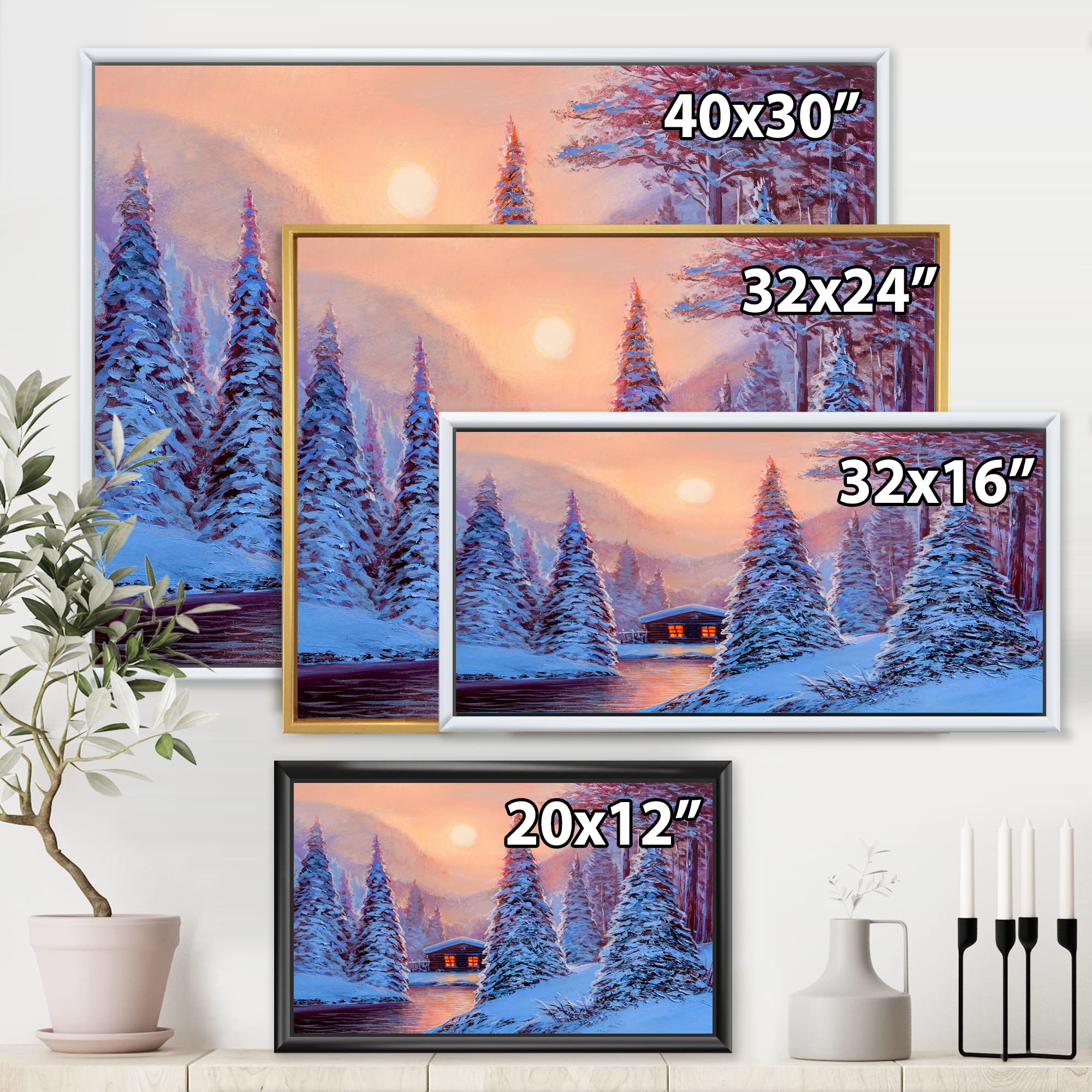 Winter Landscape & The River House In The Woods Framed Canvas Wall Art - Lake House Decor for Living Room, Bedroom & Office - Nature Scenery Painting for Home & Cabin Decoration