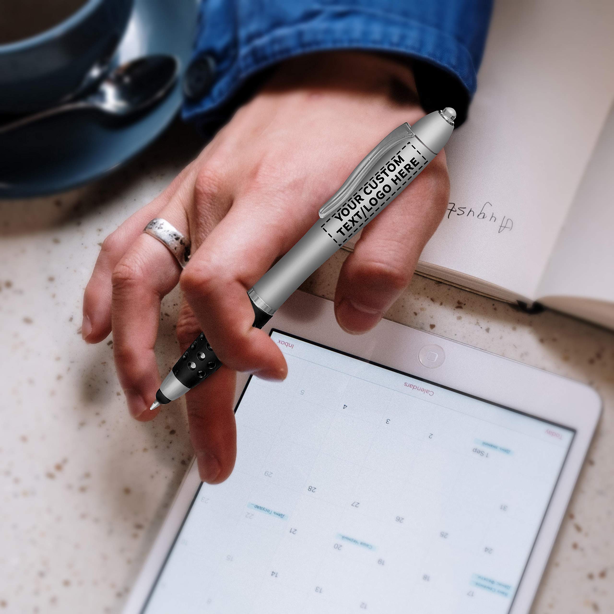 Customizable Silver Stylus Pens with White LED Light - 50 Pack Bulk Order - Personalized Gripper for Tablets, Smartphones - Perfect for Business Promotions, Trade Shows & Digital Artists