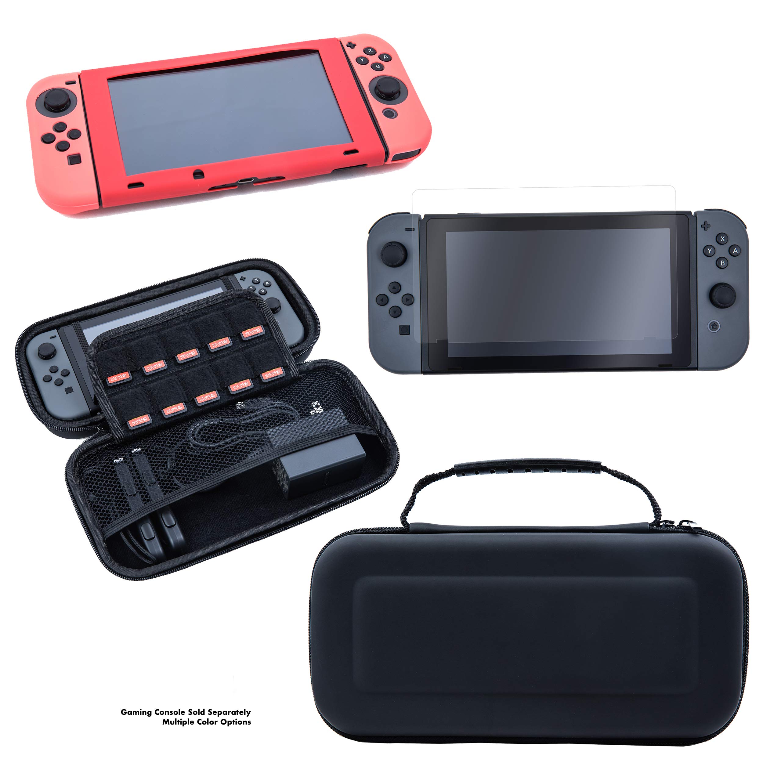 Nintendo Switch Accessories Bundle - Hard EVA Carrying Case, Silicone Covers for Console & Joy-Con, Tempered Glass Screen Protector (Red) | Perfect for Travel, Gaming Protection & On-the-Go Play